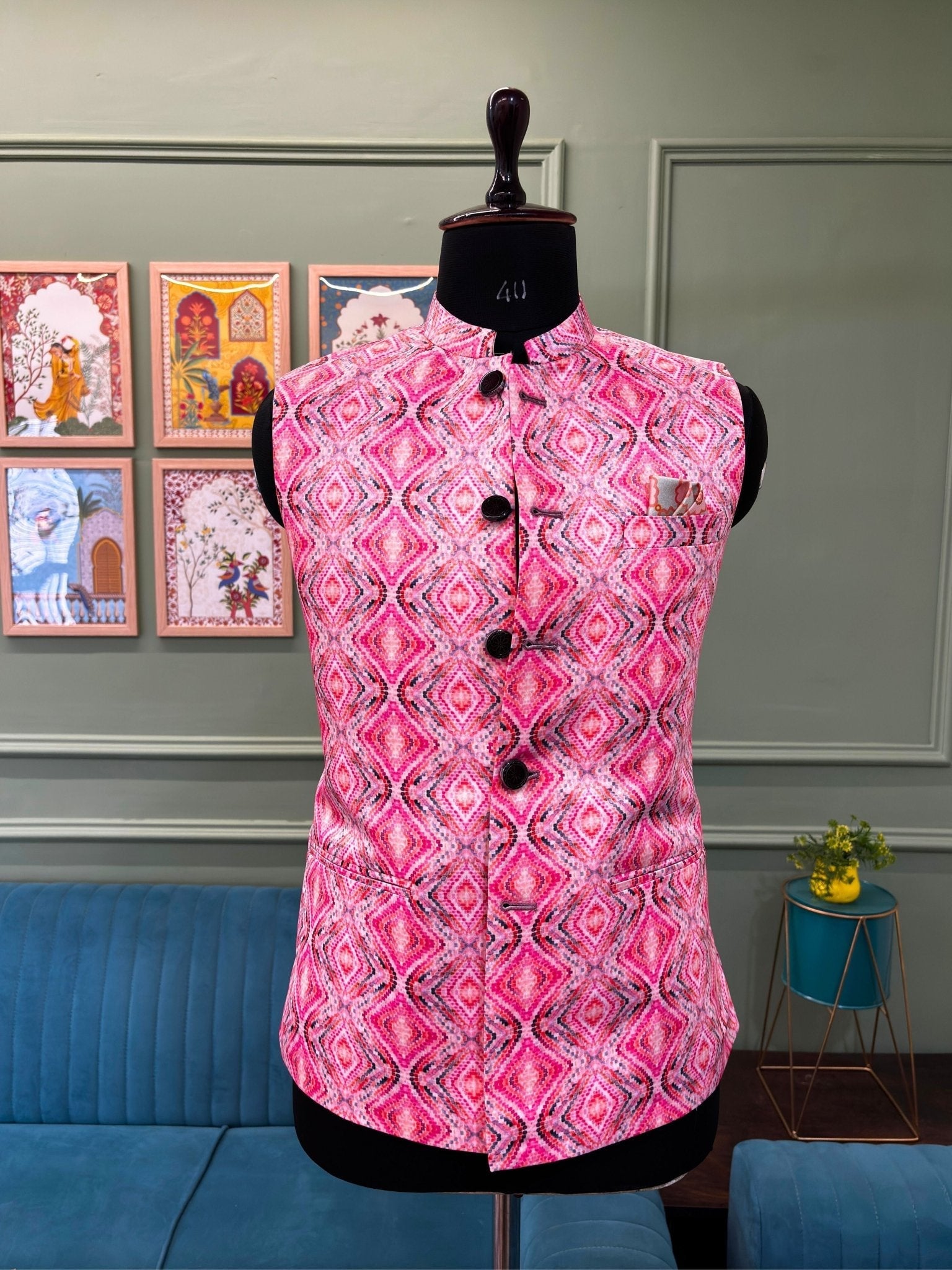 Men Pink Printed Nehru Jacket - Jaipuri Crown