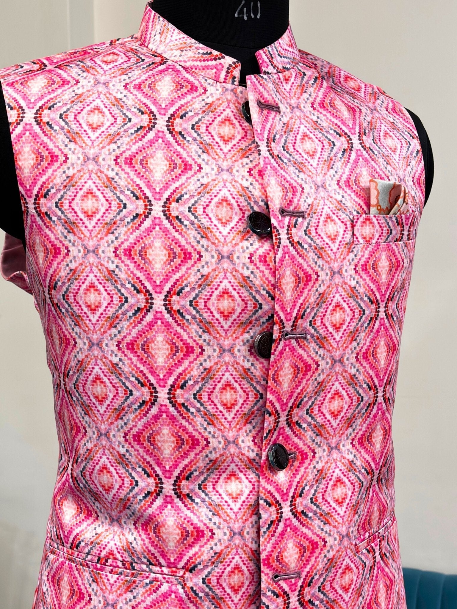Men Pink Printed Nehru Jacket - Jaipuri Crown