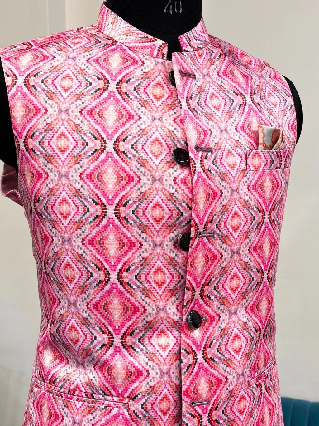Men Pink Printed Nehru Jacket - Jaipuri Crown