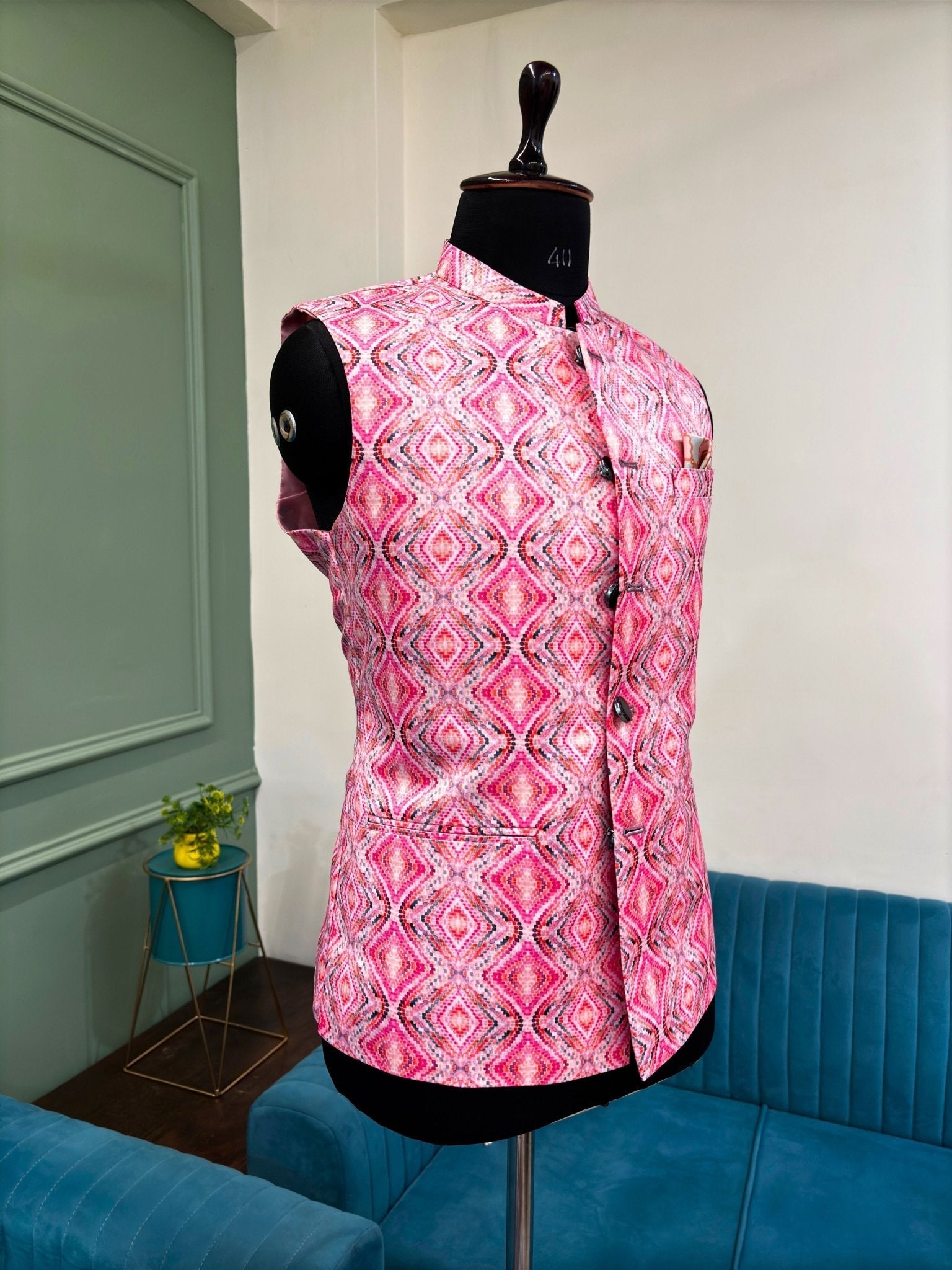 Men Pink Printed Nehru Jacket - Jaipuri Crown