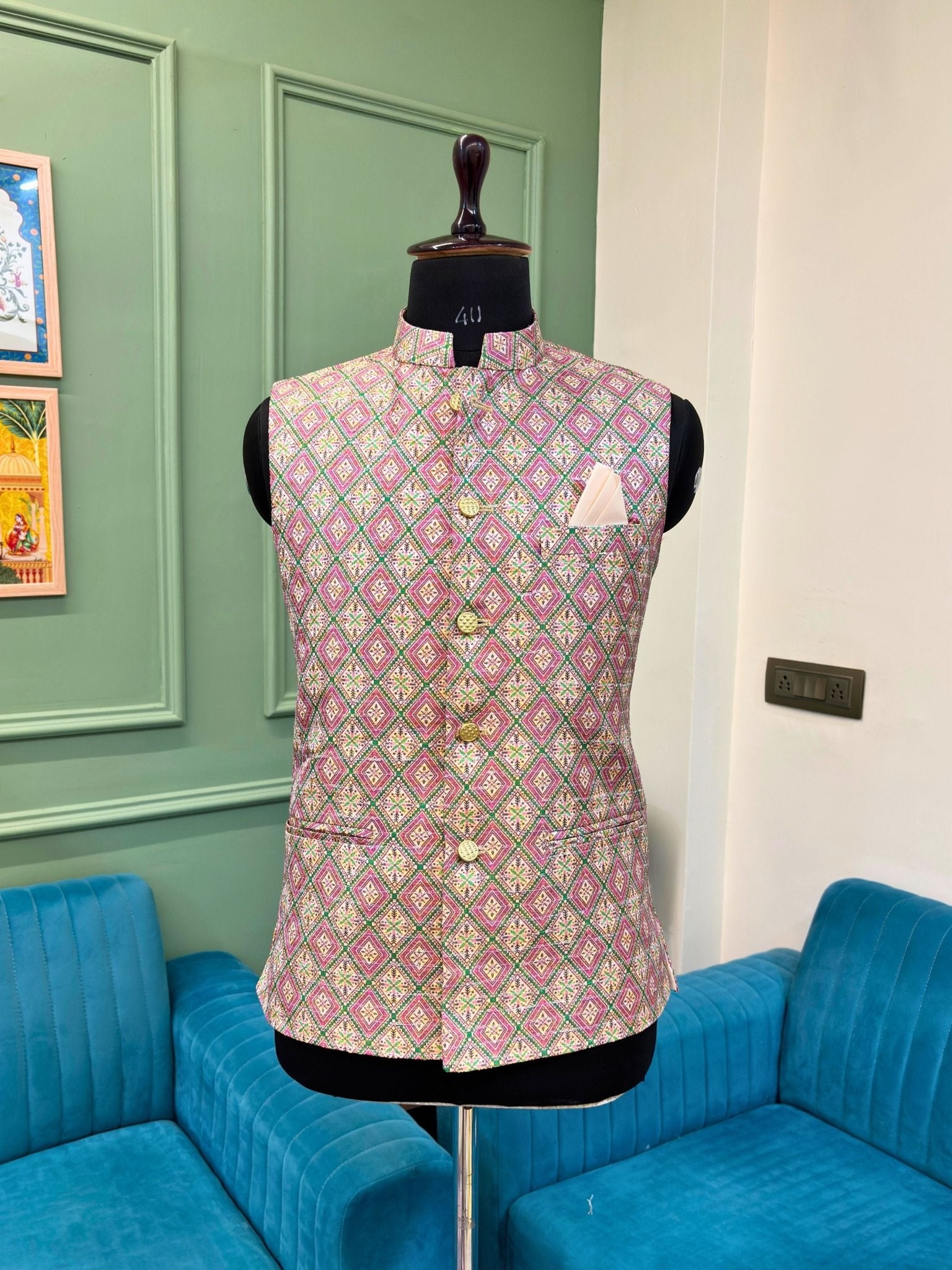 Men Printed Bandhej Work Nehru Jacket - Jaipuri Crown