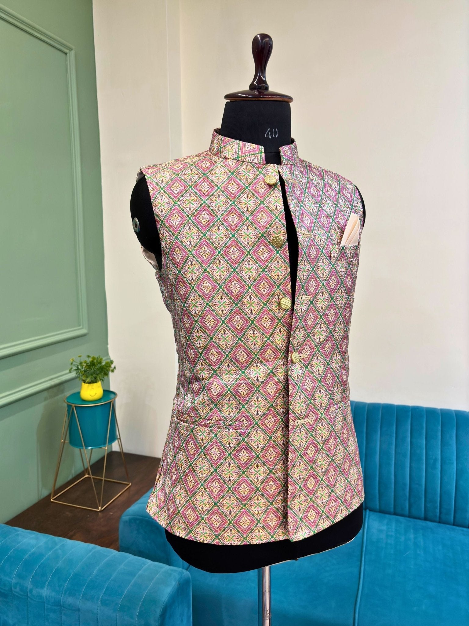 Men Printed Bandhej Work Nehru Jacket - Jaipuri Crown