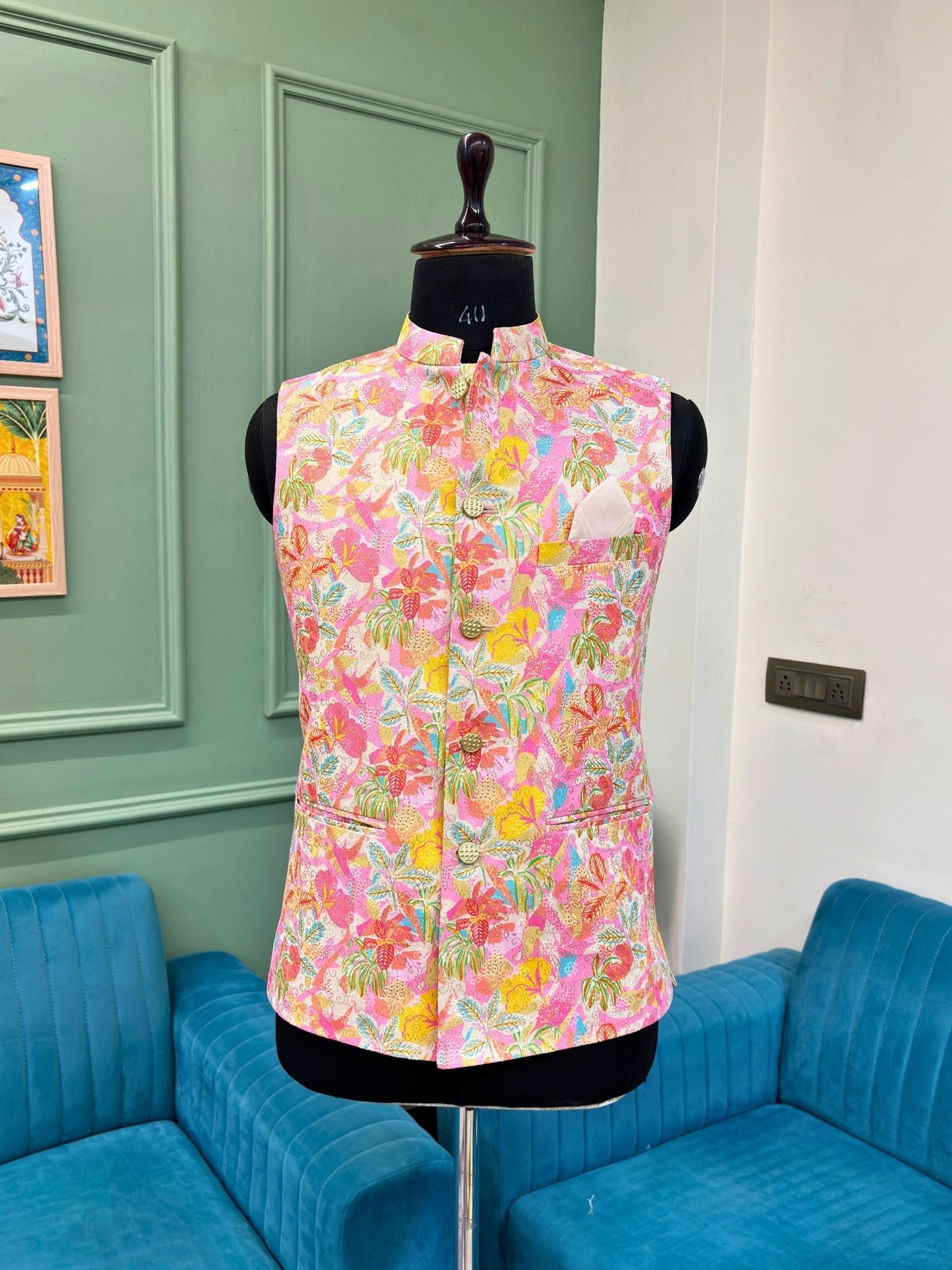 Men Printed Jacquard Nehru Jacket - Jaipuri Crown