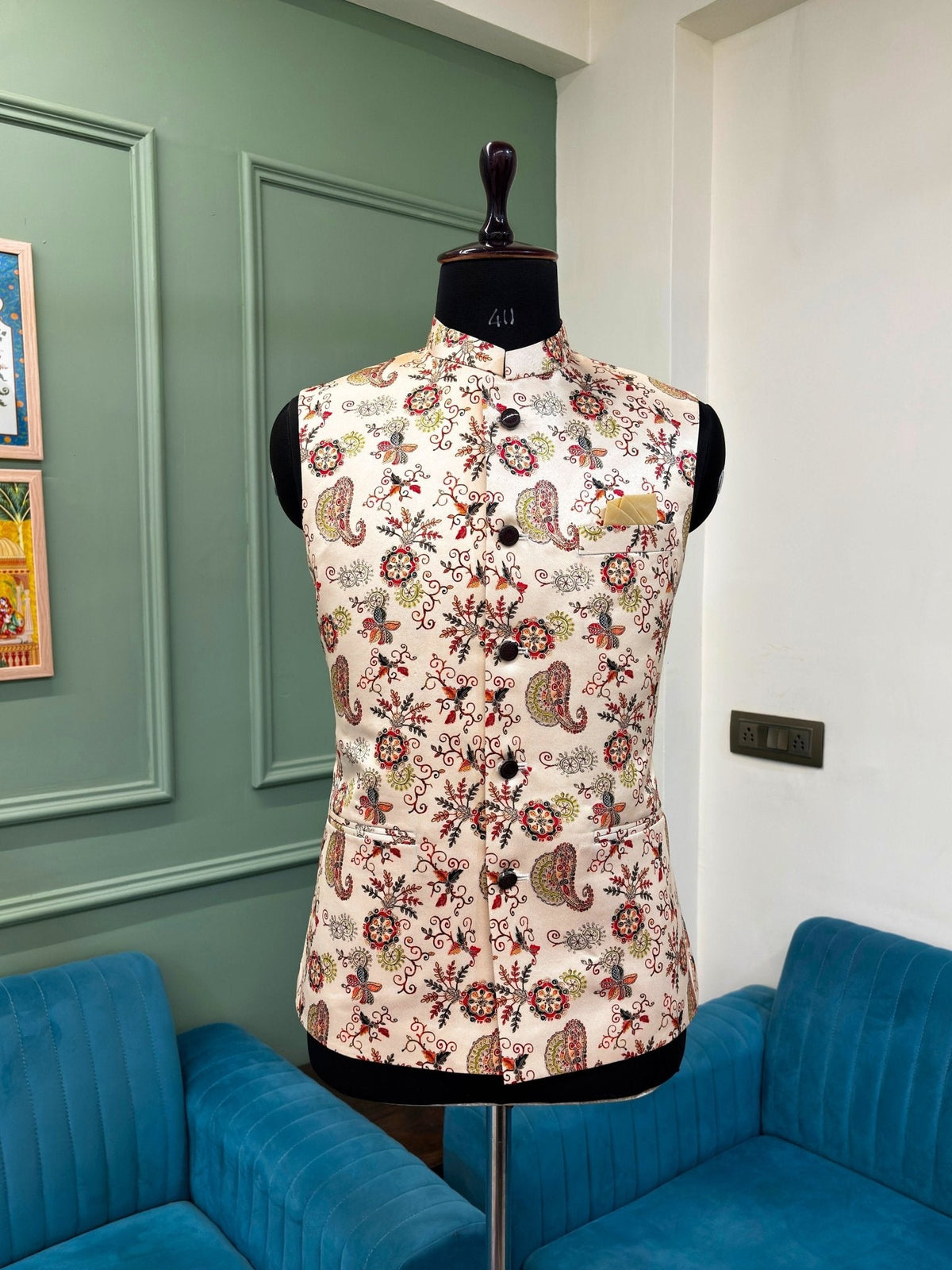 Men Rose Gold Printed Nehru Jacket - Jaipuri Crown