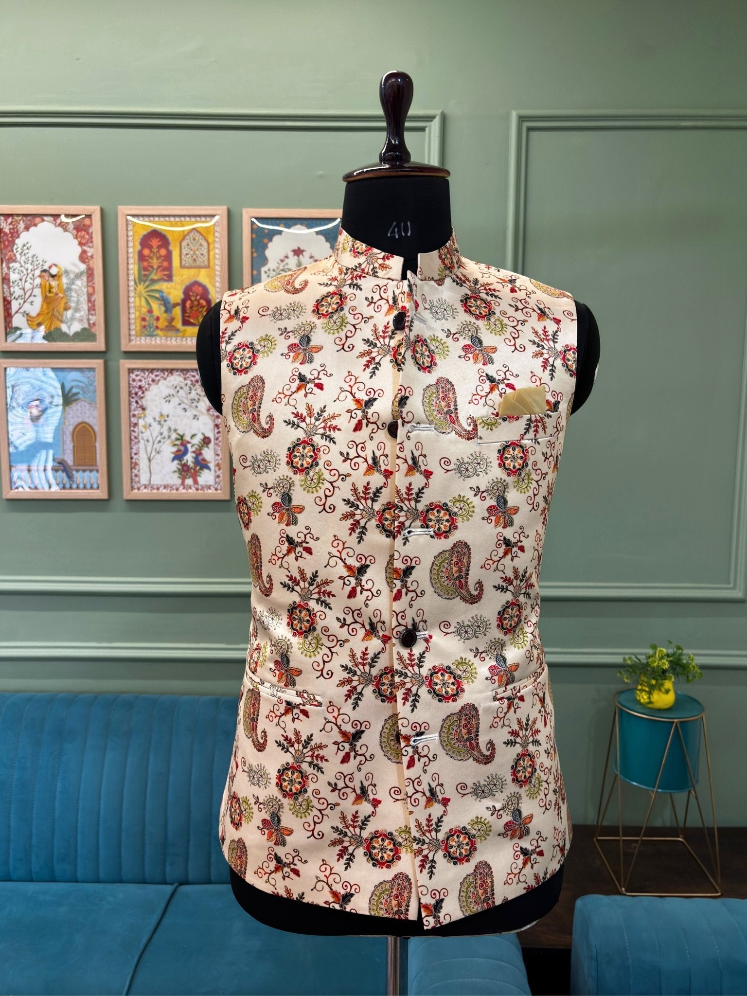 Men Rose Gold Printed Nehru Jacket - Jaipuri Crown