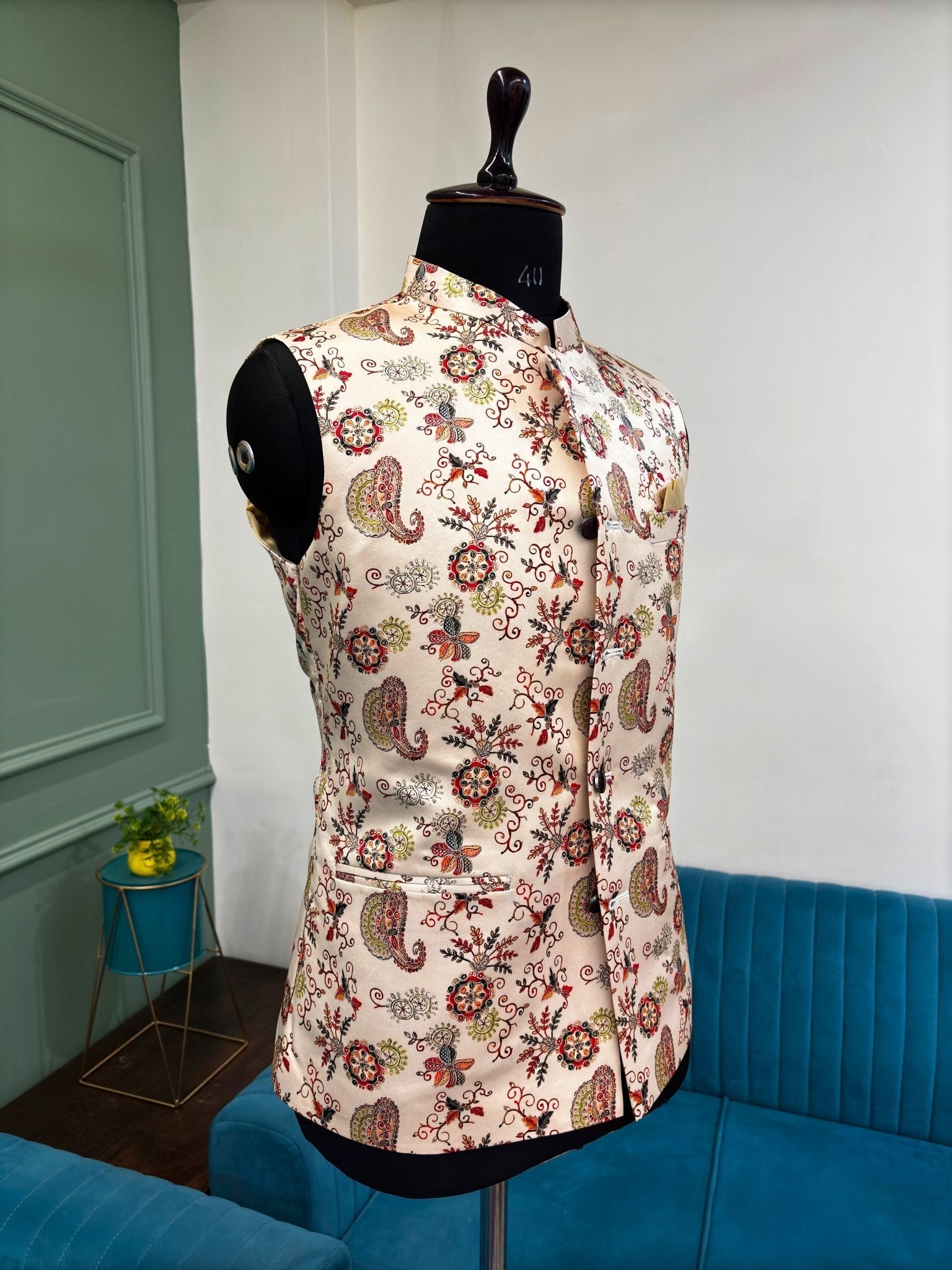 Men Rose Gold Printed Nehru Jacket - Jaipuri Crown