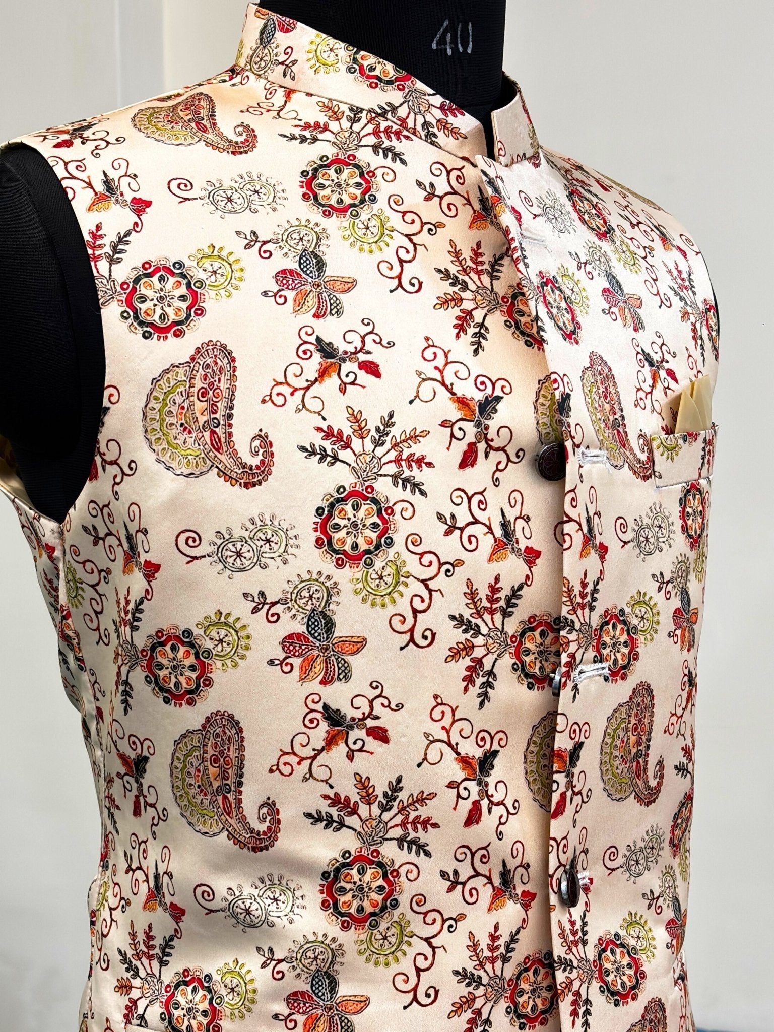 Men Rose Gold Printed Nehru Jacket - Jaipuri Crown
