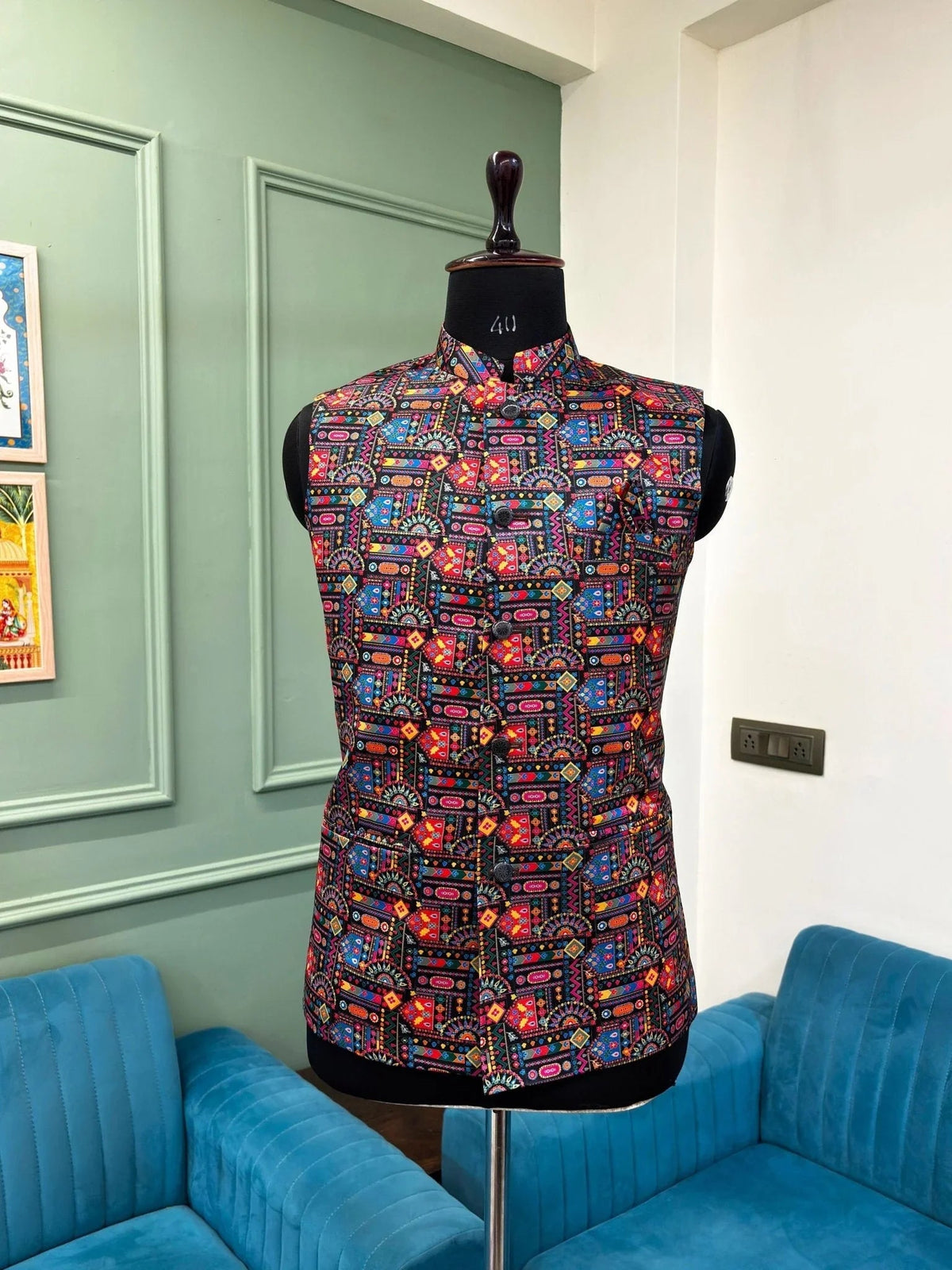 Men Smoky Black Printed Nehru Jacket - Jaipuri Crown