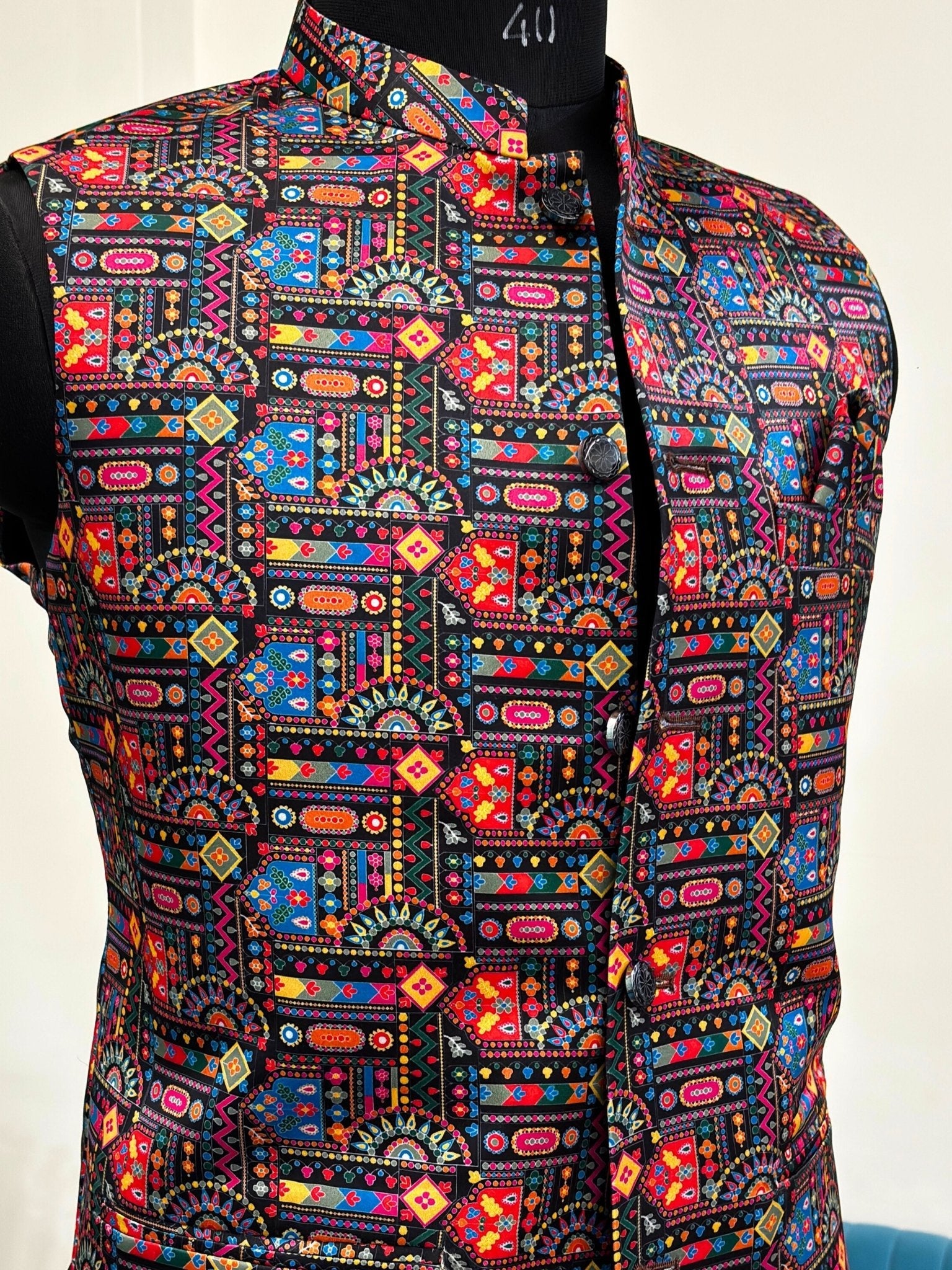 Men Smoky Black Printed Nehru Jacket - Jaipuri Crown