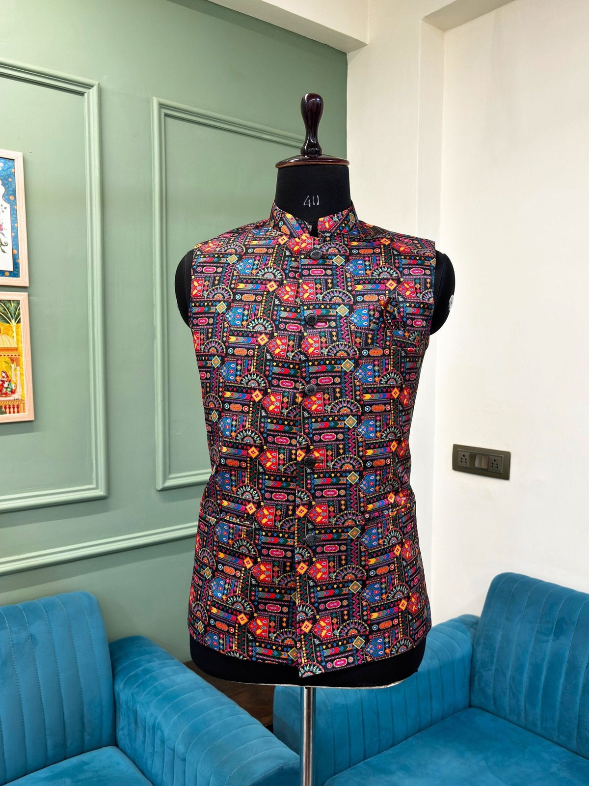 Men Smoky Black Printed Nehru Jacket - Jaipuri Crown