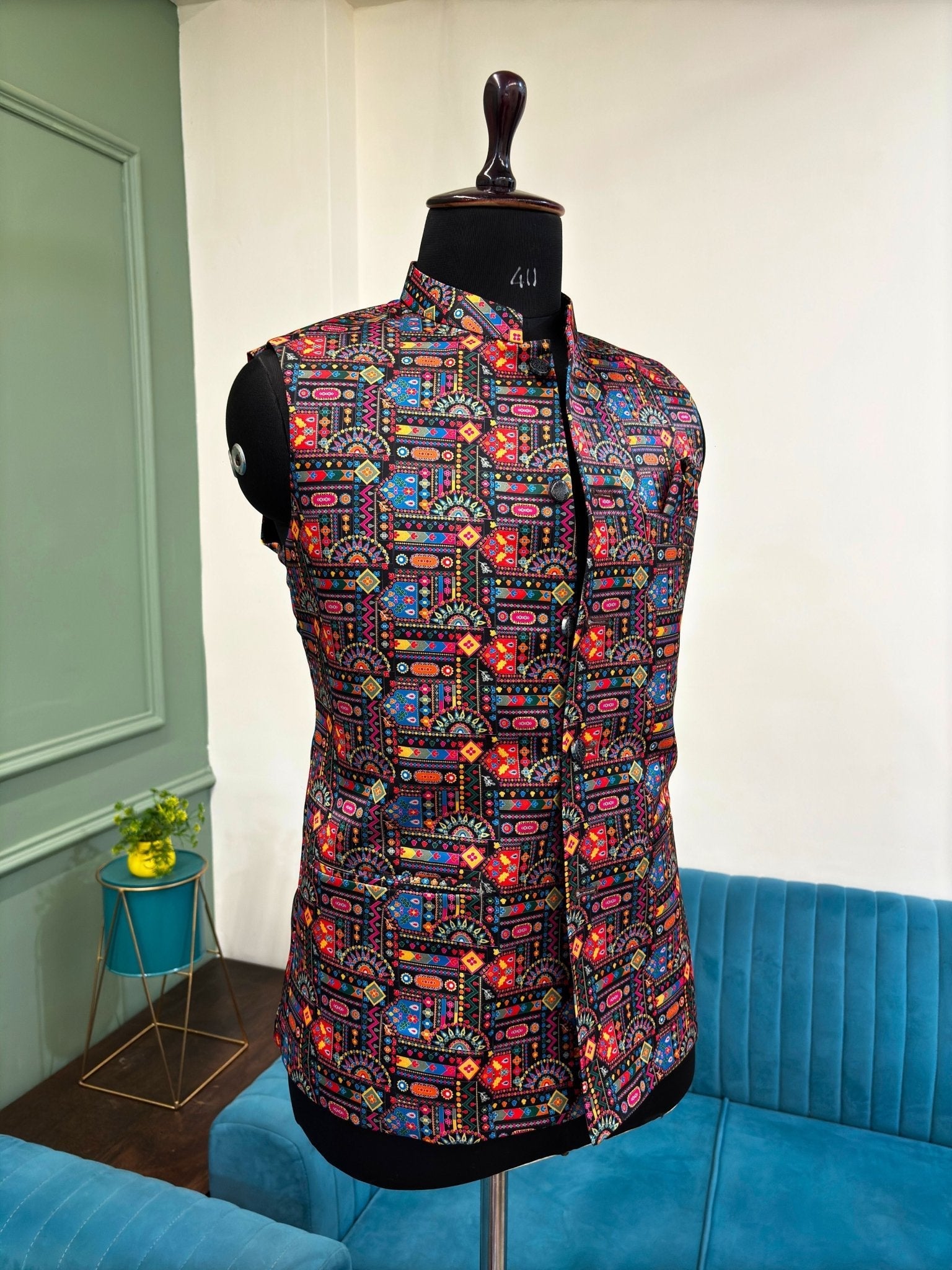 Men Smoky Black Printed Nehru Jacket - Jaipuri Crown