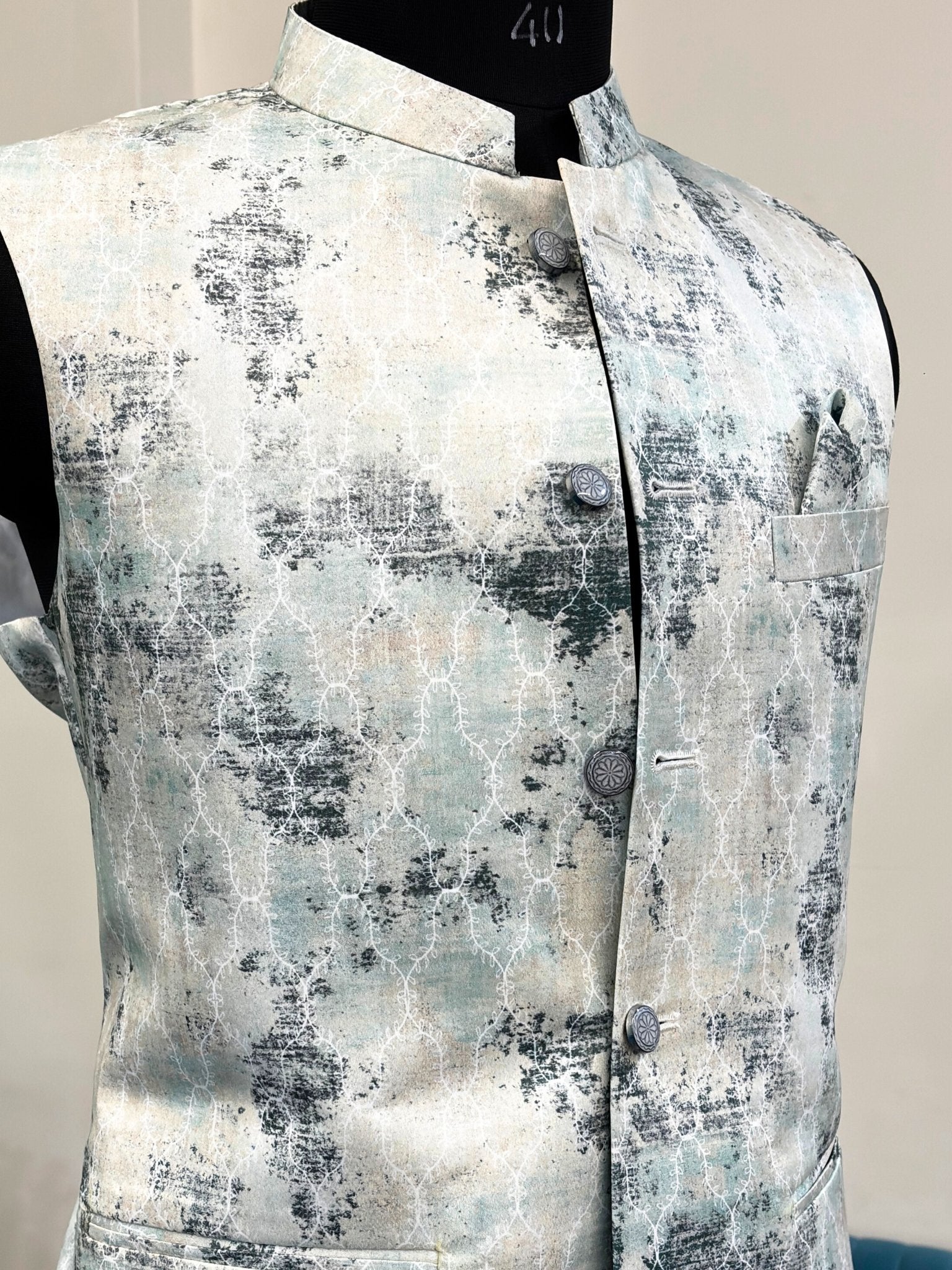 Men Soft White Printed Nehru Jacket - Jaipuri Crown