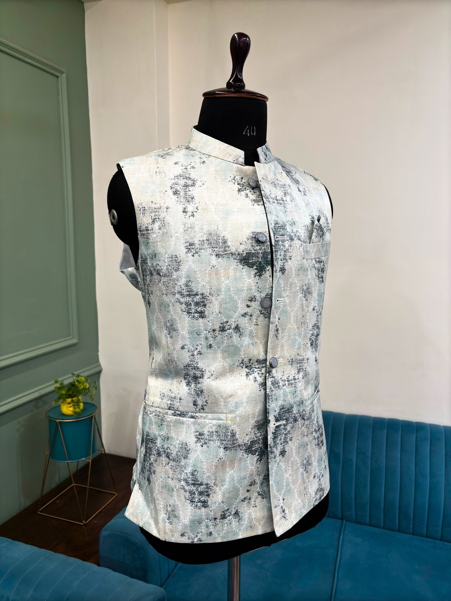 Men Soft White Printed Nehru Jacket - Jaipuri Crown