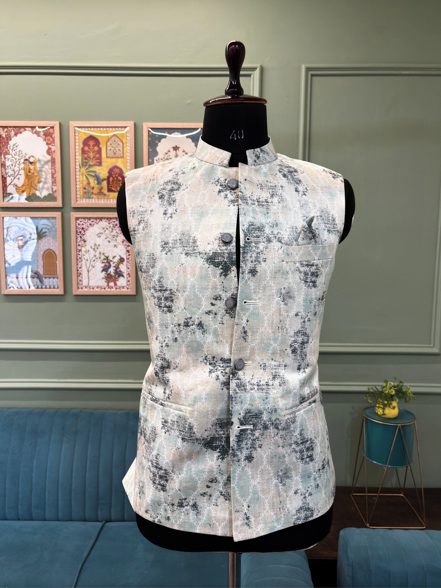 Men Soft White Printed Nehru Jacket - Jaipuri Crown