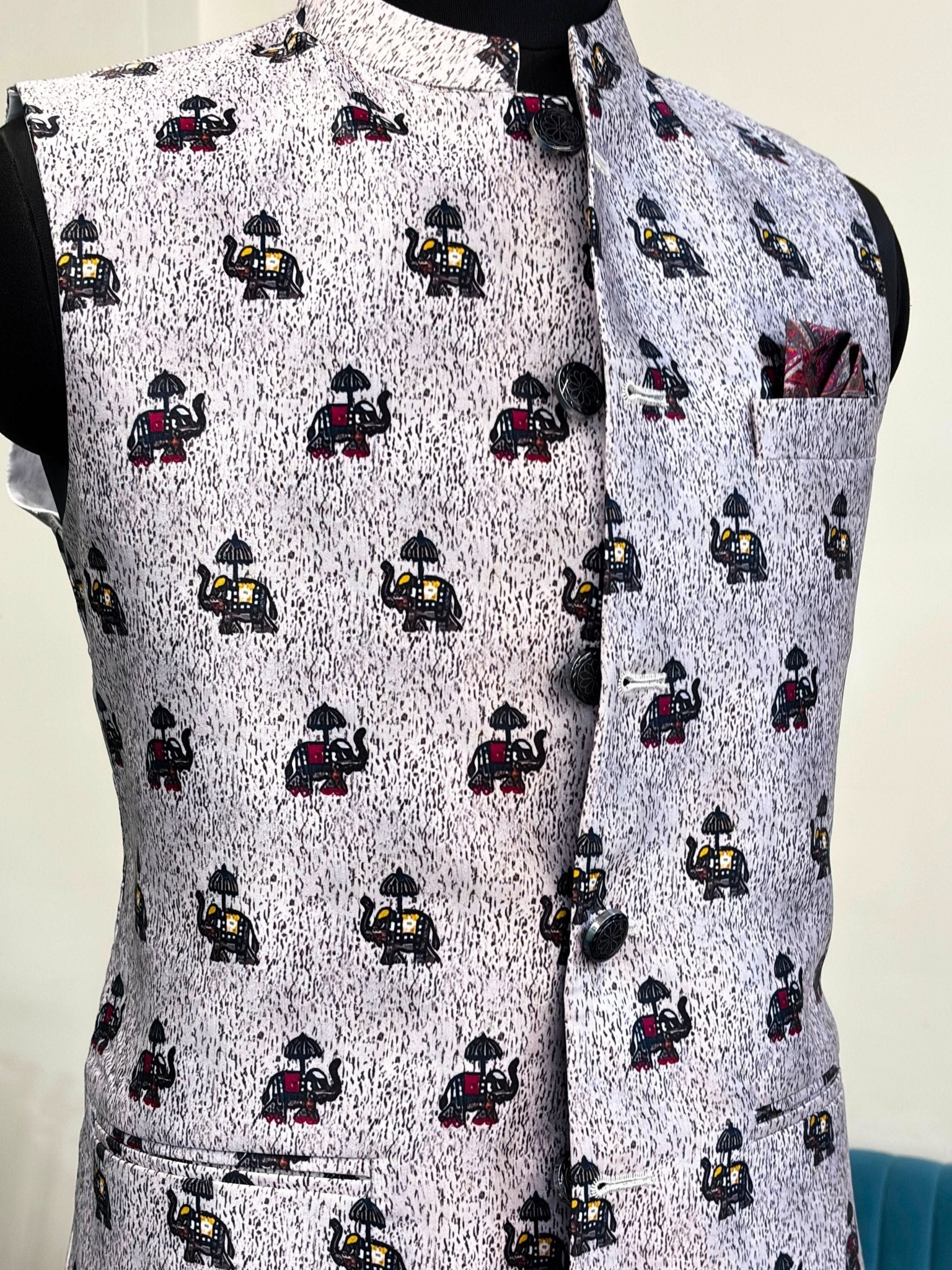 Men White Printed Nehru Jacket - Jaipuri Crown
