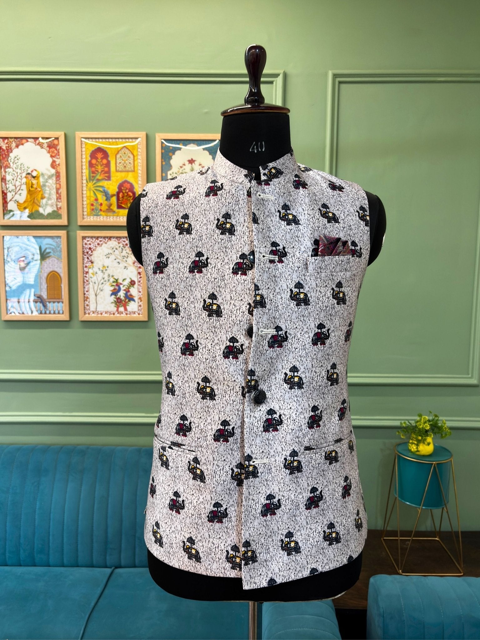 Men White Printed Nehru Jacket - Jaipuri Crown