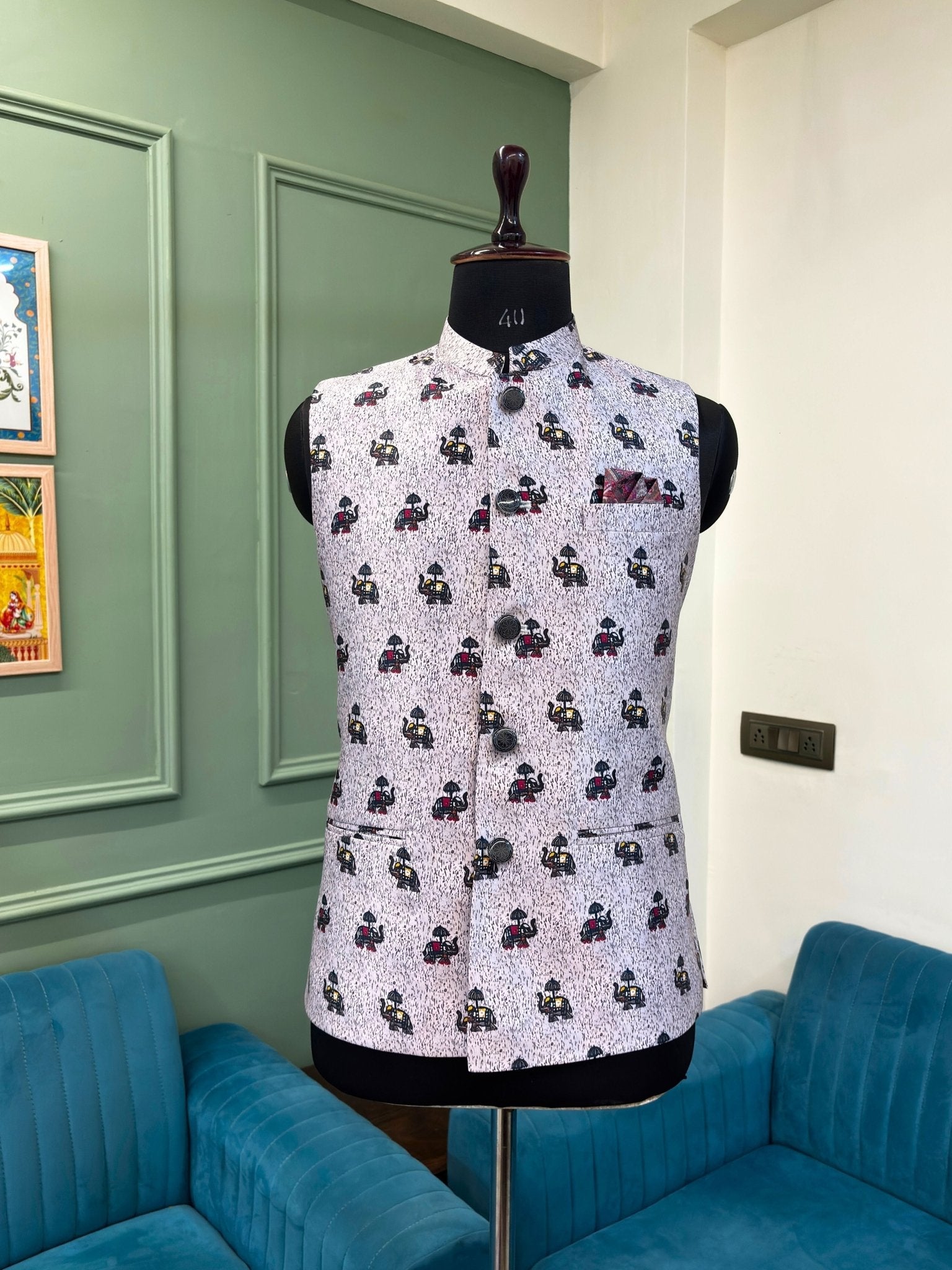 Men White Printed Nehru Jacket - Jaipuri Crown