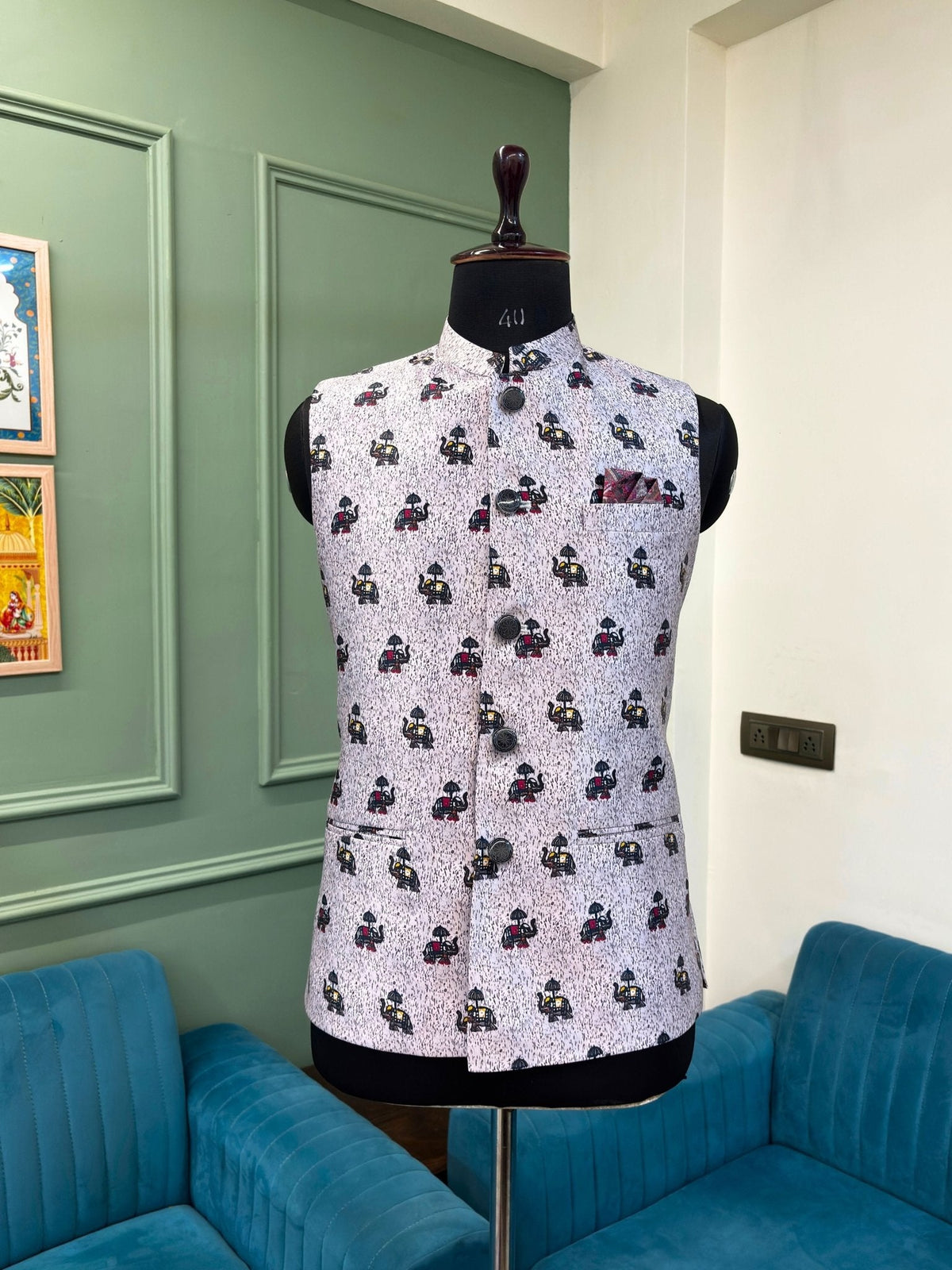 Men White Printed Nehru Jacket - Jaipuri Crown