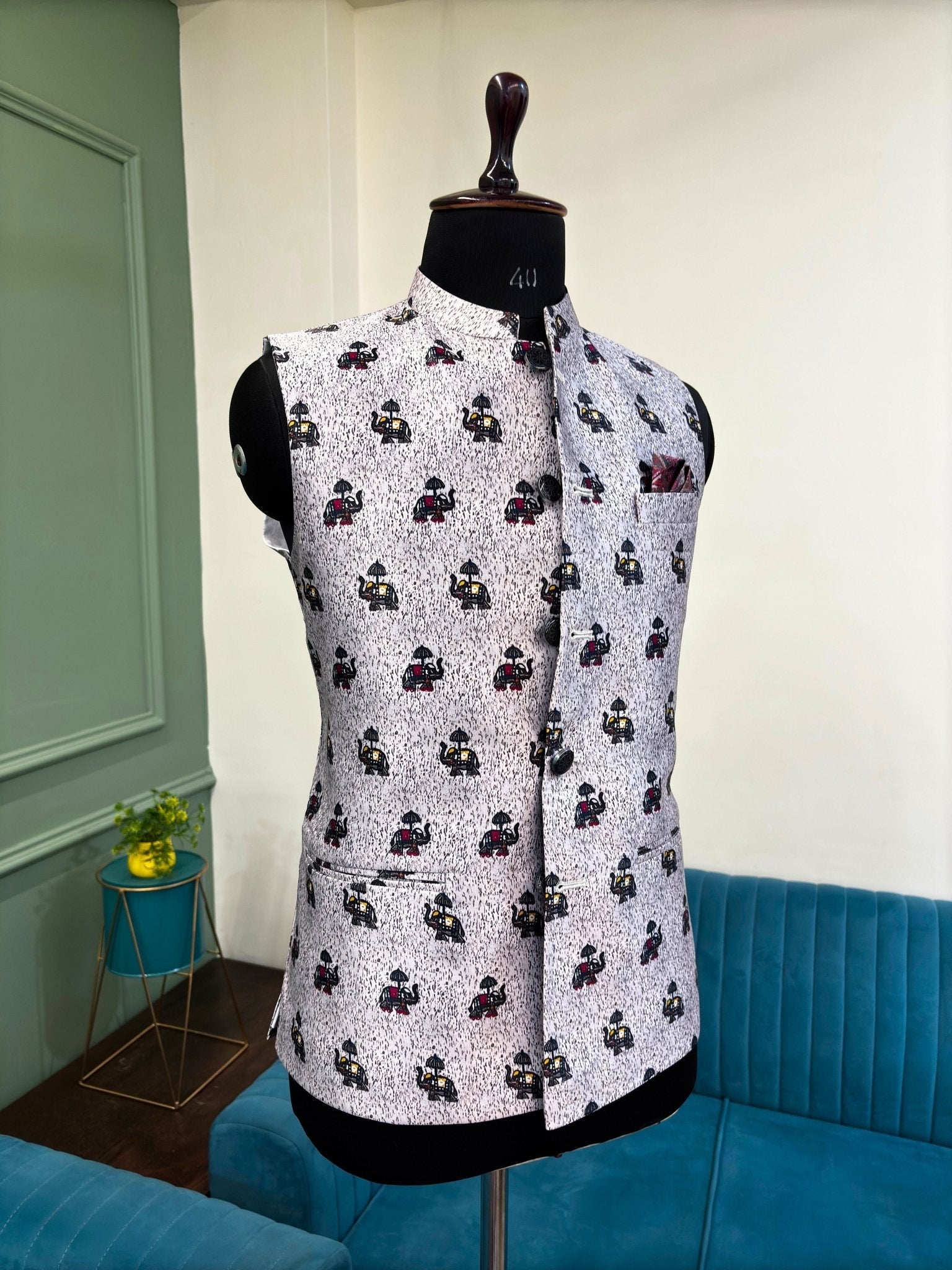 Men White Printed Nehru Jacket - Jaipuri Crown