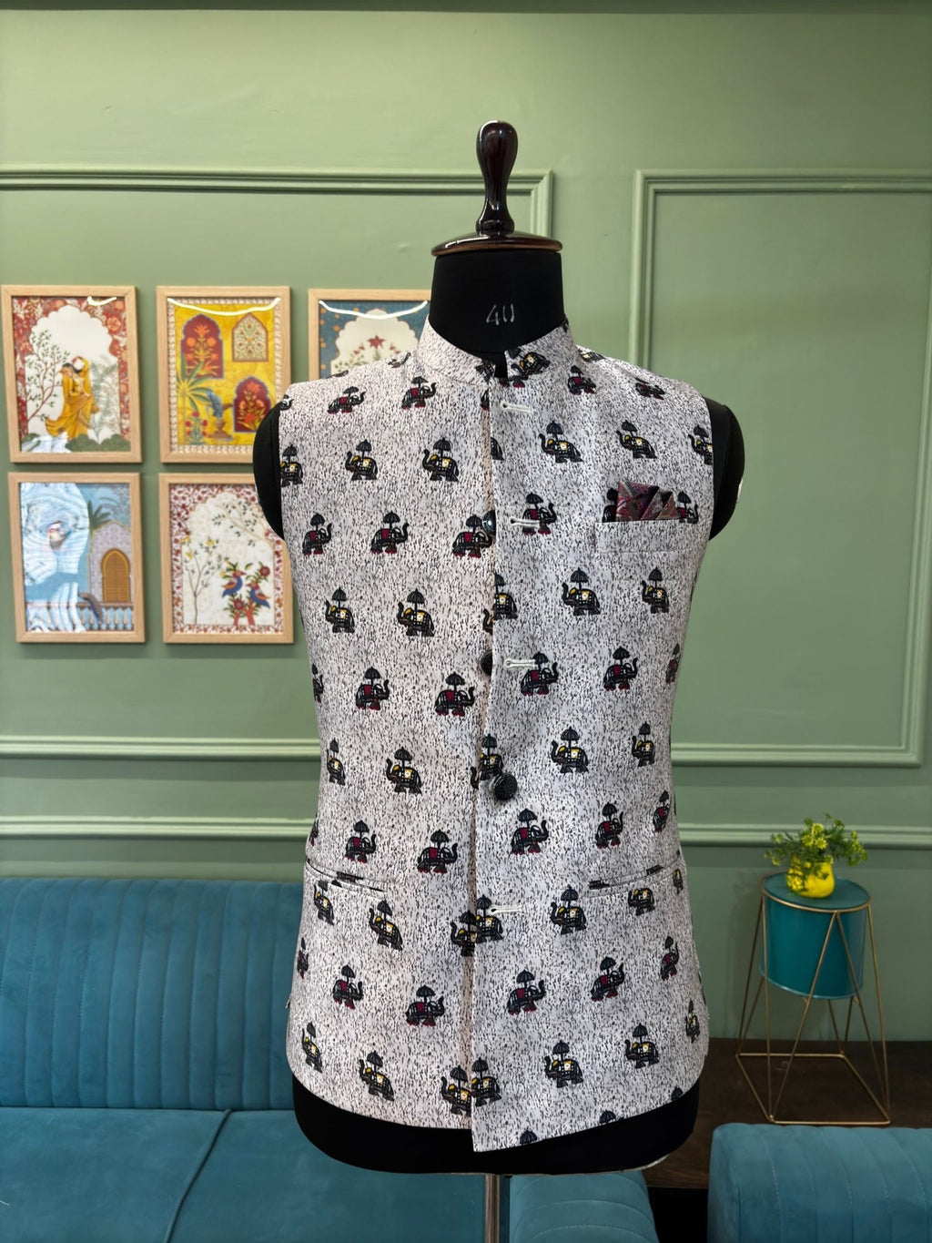 Men White Printed Nehru Jacket - Jaipuri Crown