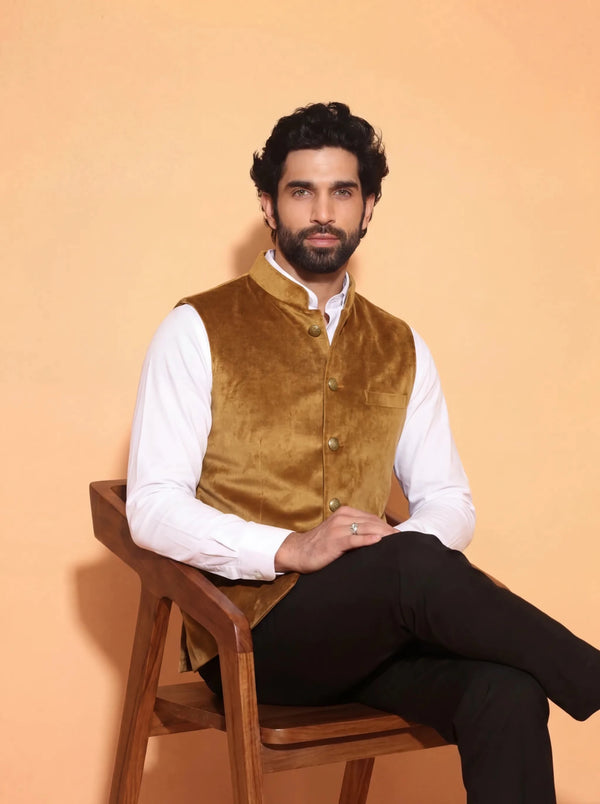 Men's Camel Yellow Velvet Nehru Jacket - Jaipuri Crown