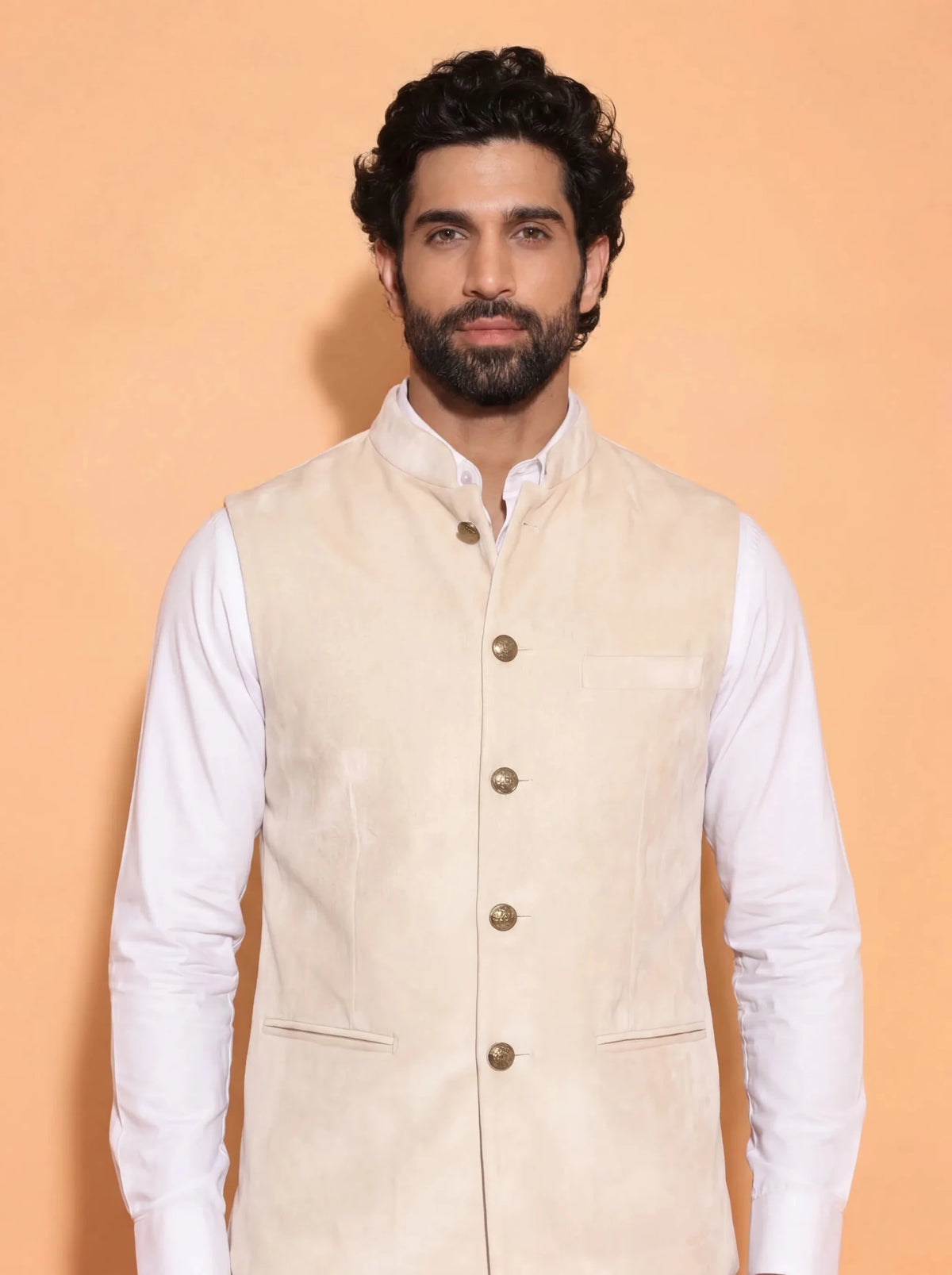Men's Cream Velvet Nehru Jacket - Jaipuri Crown