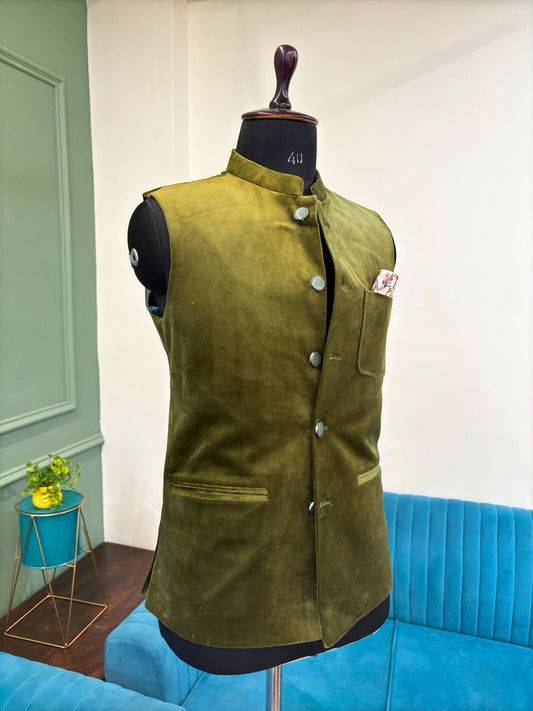 Men's Green Velvet Nehru Jacket - Jaipuri Crown