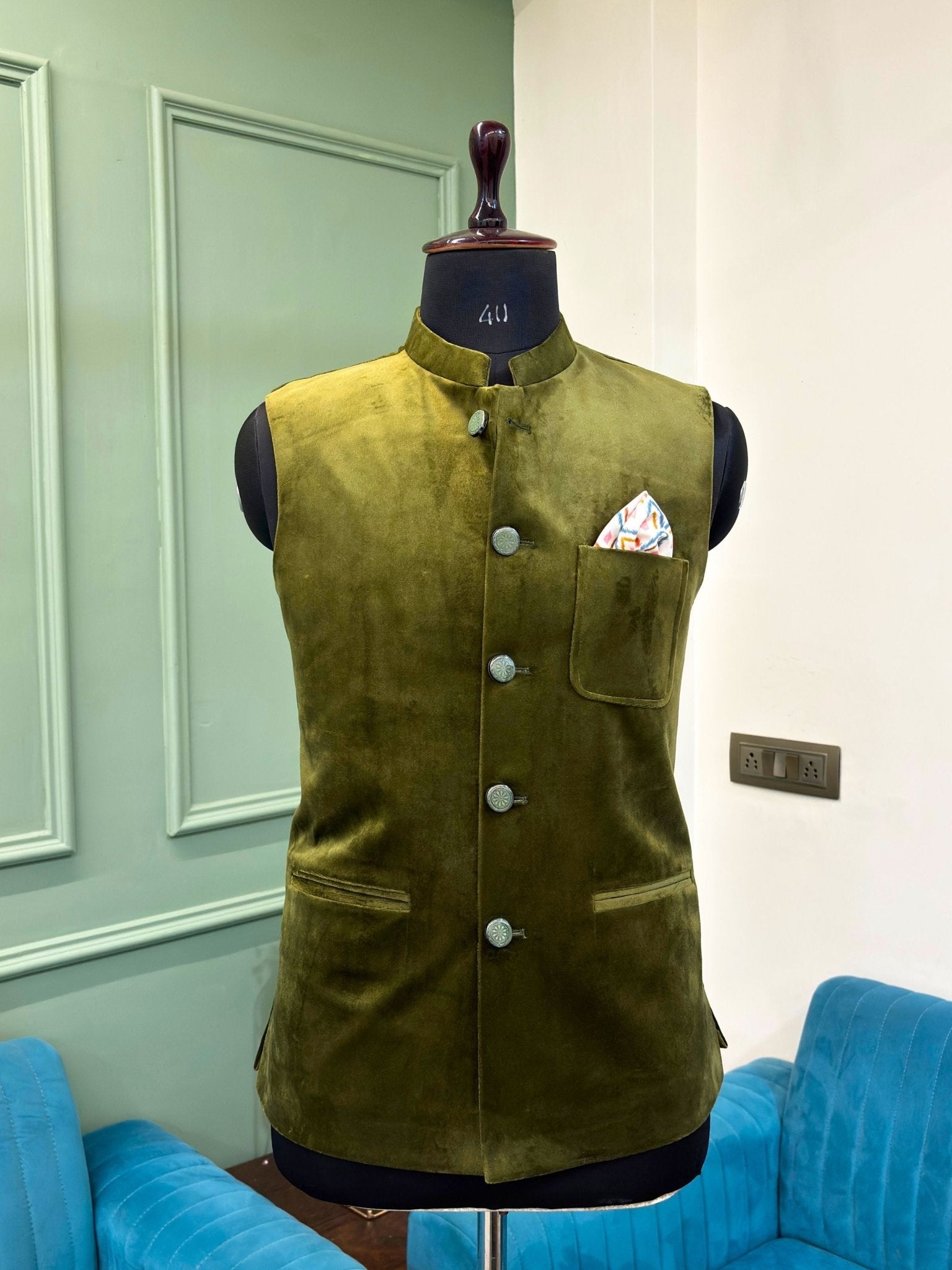 Men's Green Velvet Nehru Jacket - Jaipuri Crown