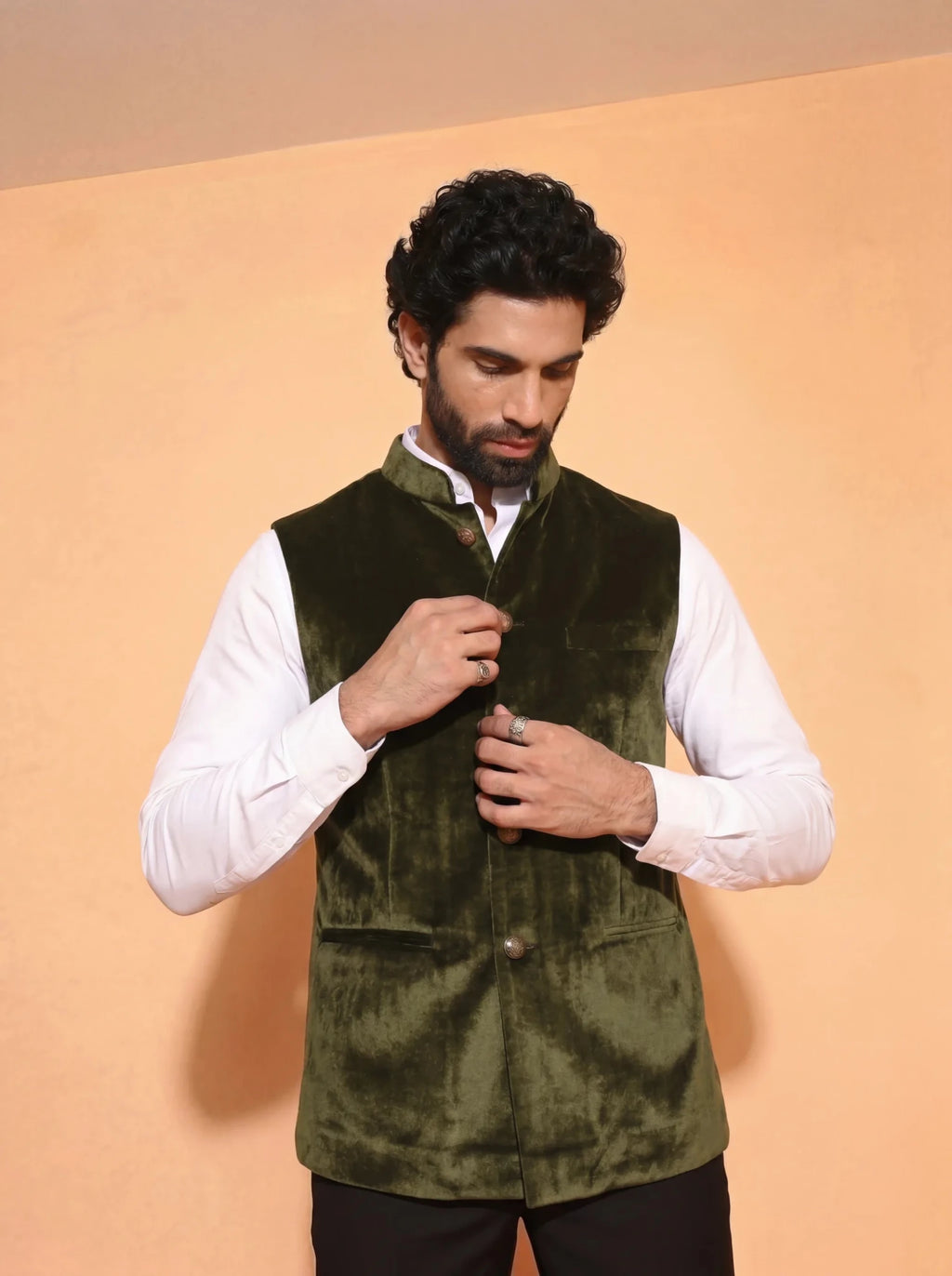 Men's Green Velvet Nehru Jacket - Jaipuri Crown