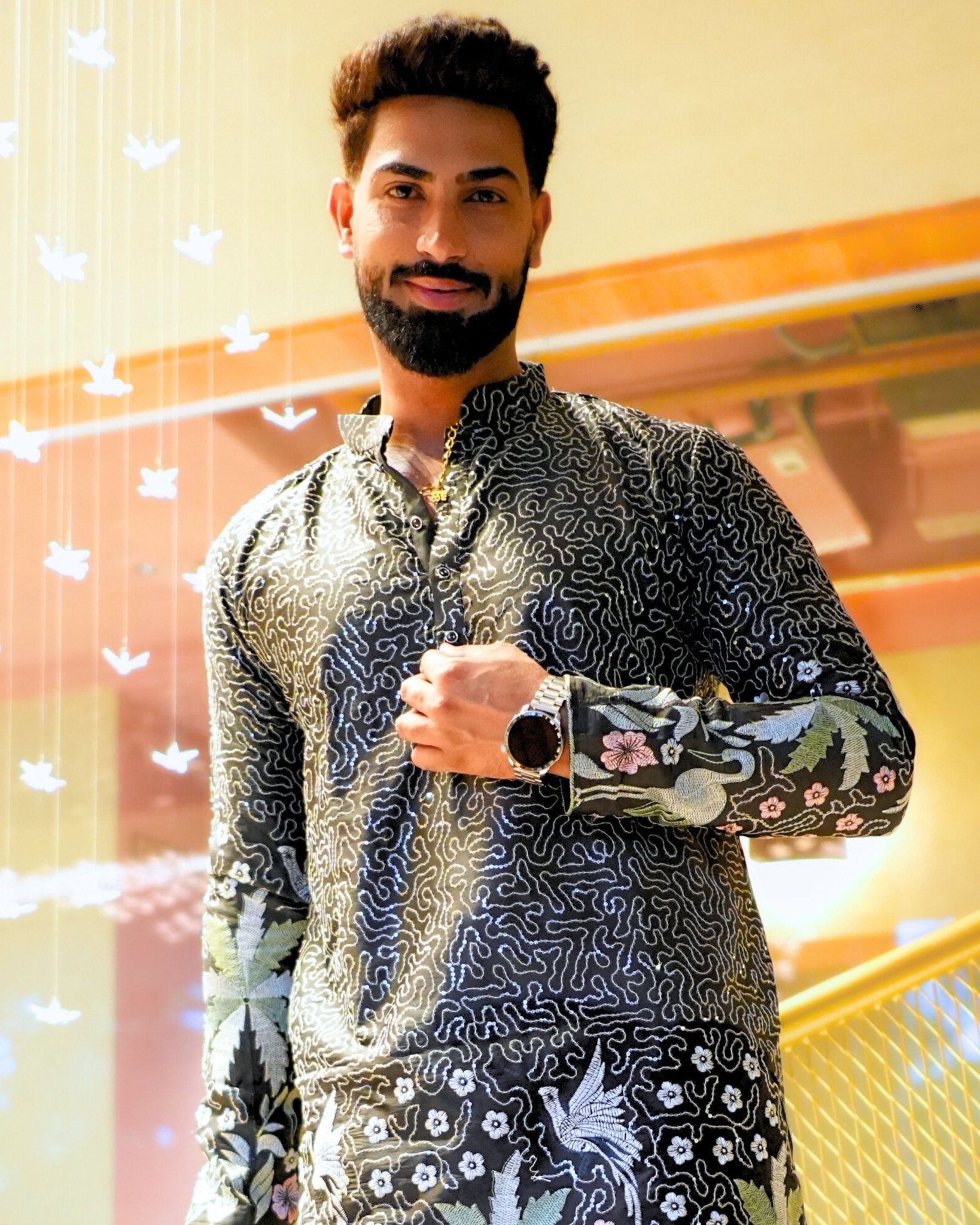 Men’s Heavy Designer Long Kurta – Black Embroidered - Jaipuri Crown