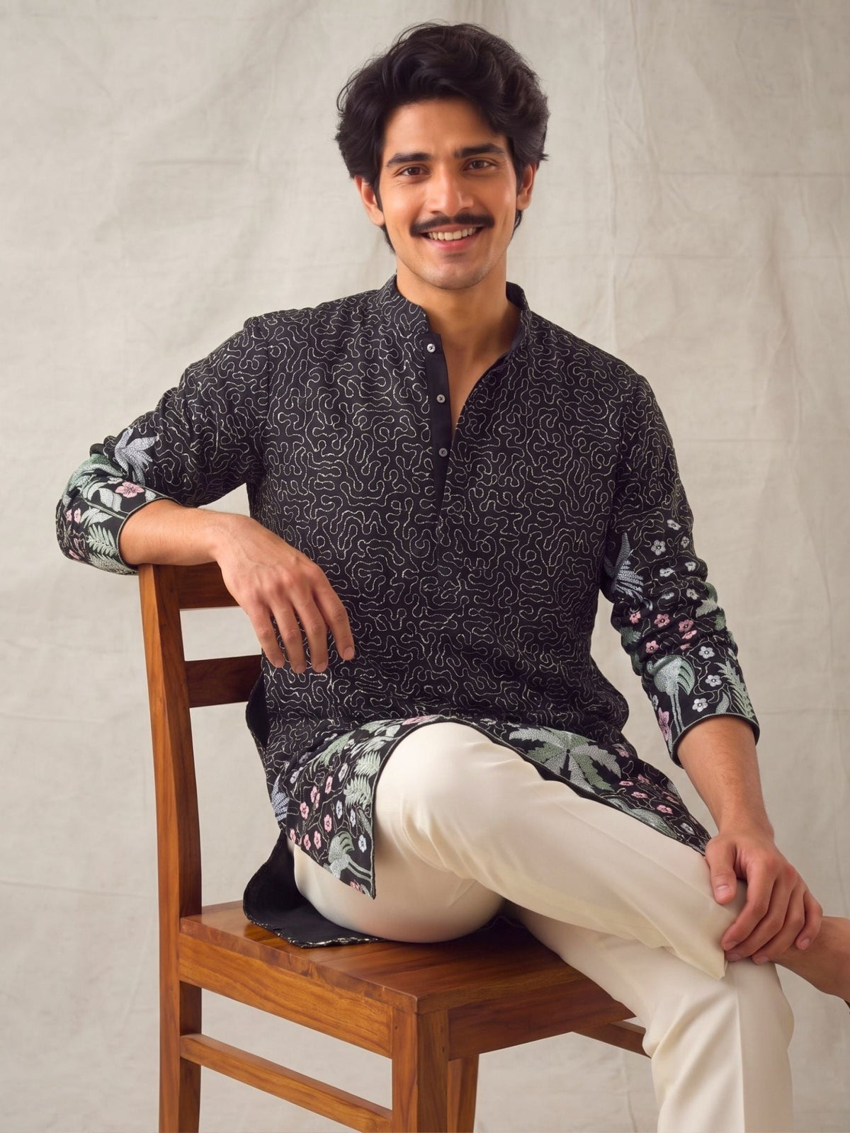 Men’s Heavy Designer Long Kurta – Black Embroidered - Jaipuri Crown