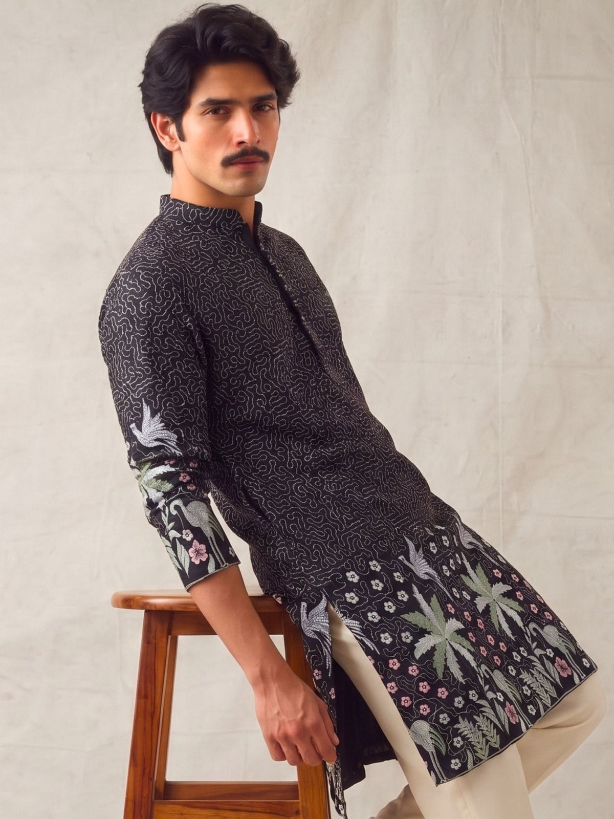 Men’s Heavy Designer Long Kurta – Black Embroidered - Jaipuri Crown