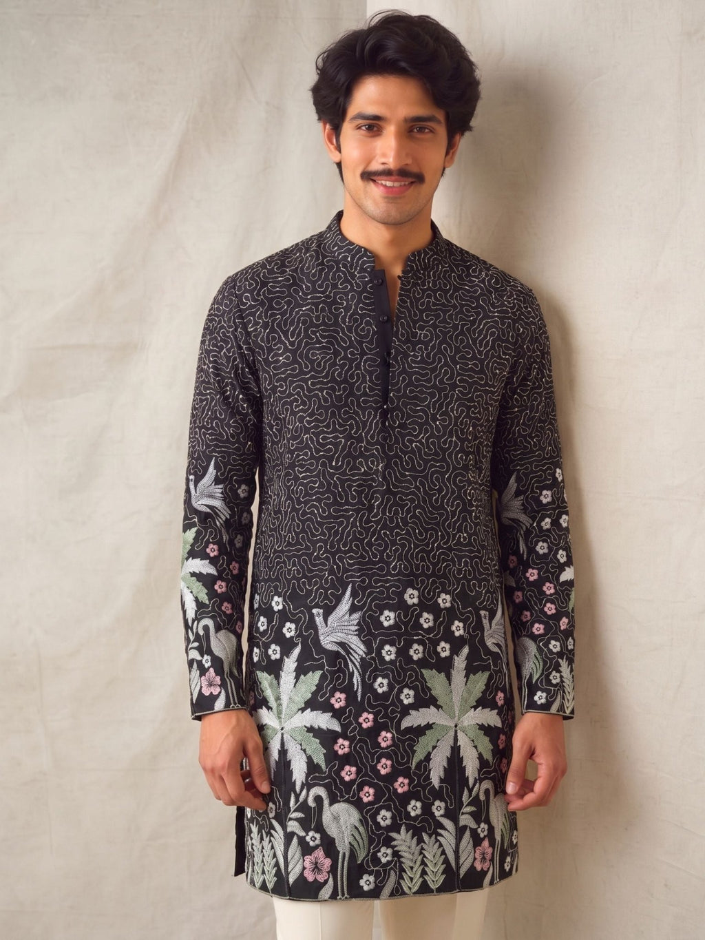 Men’s Heavy Designer Long Kurta – Black Embroidered - Jaipuri Crown