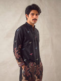 Men’s Heavy Designer Long Kurta – Black Satin Embroidered - Jaipuri Crown