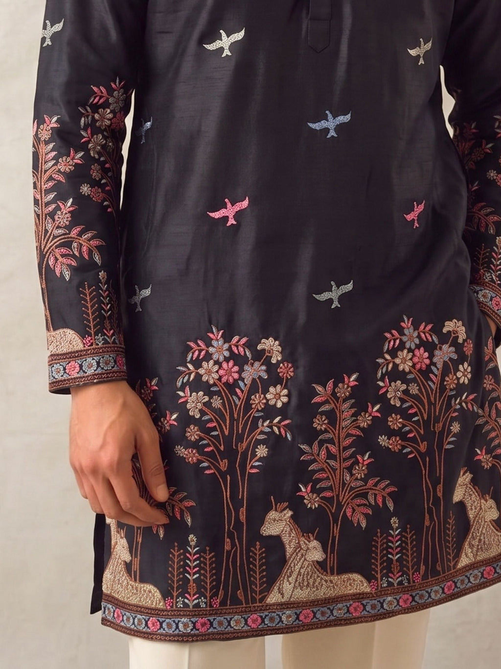 Men’s Heavy Designer Long Kurta – Black Satin Embroidered - Jaipuri Crown
