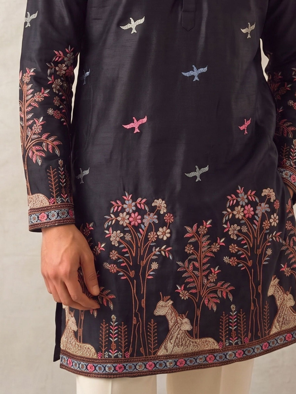 Men’s Heavy Designer Long Kurta – Black Satin Embroidered - Jaipuri Crown