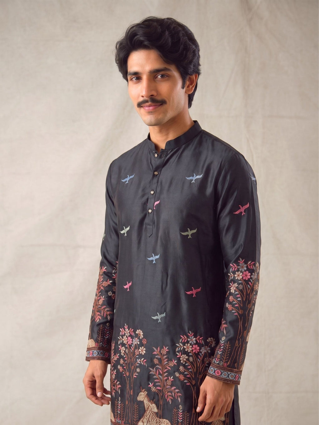 Men’s Heavy Designer Long Kurta – Black Satin Embroidered - Jaipuri Crown