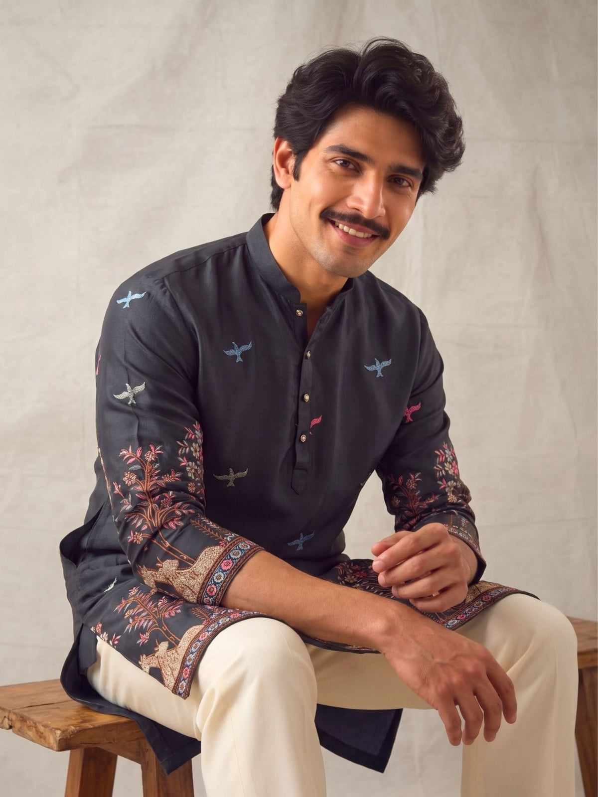 Men’s Heavy Designer Long Kurta – Black Satin Embroidered - Jaipuri Crown