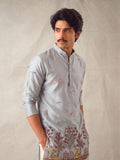 Men’s Heavy Designer Long Kurta – Grey Satin Embroidered - Jaipuri Crown