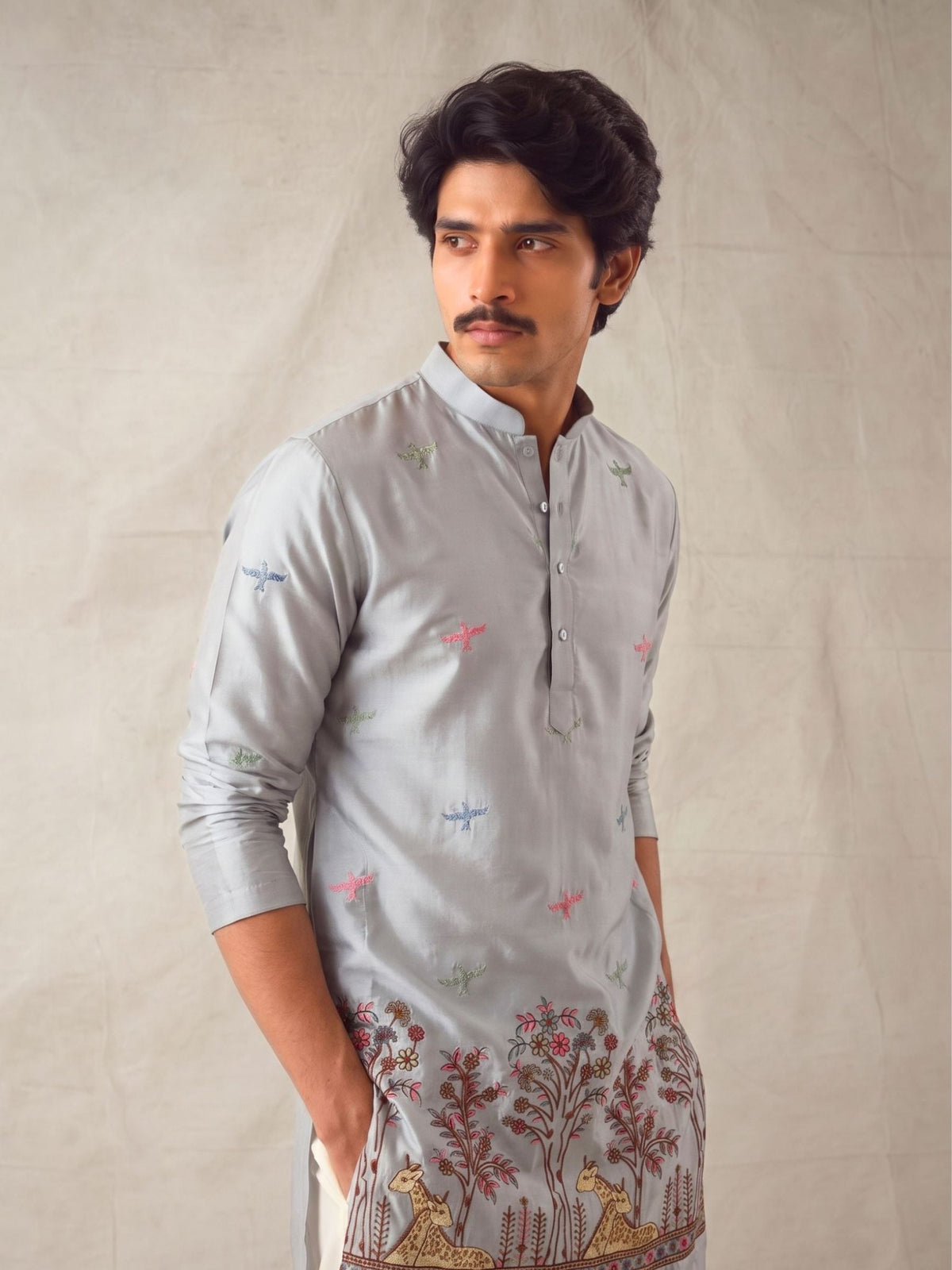 Men’s Heavy Designer Long Kurta – Grey Satin Embroidered - Jaipuri Crown