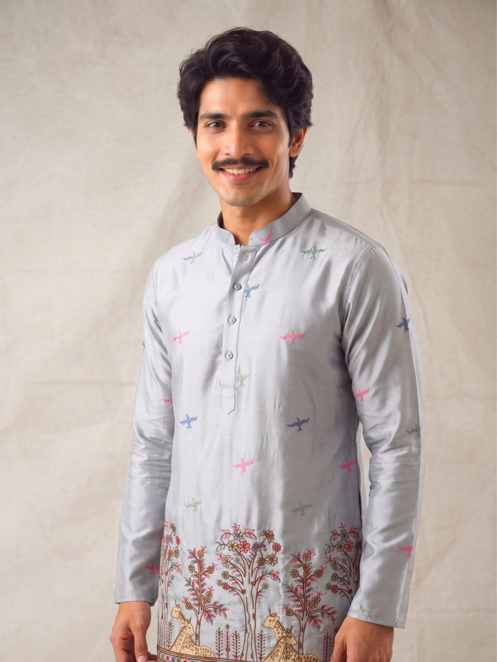 Men’s Heavy Designer Long Kurta – Grey Satin Embroidered - Jaipuri Crown