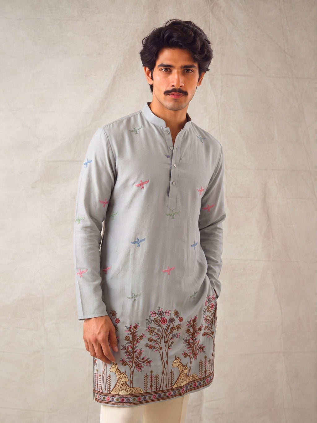 Men’s Heavy Designer Long Kurta – Grey Satin Embroidered - Jaipuri Crown