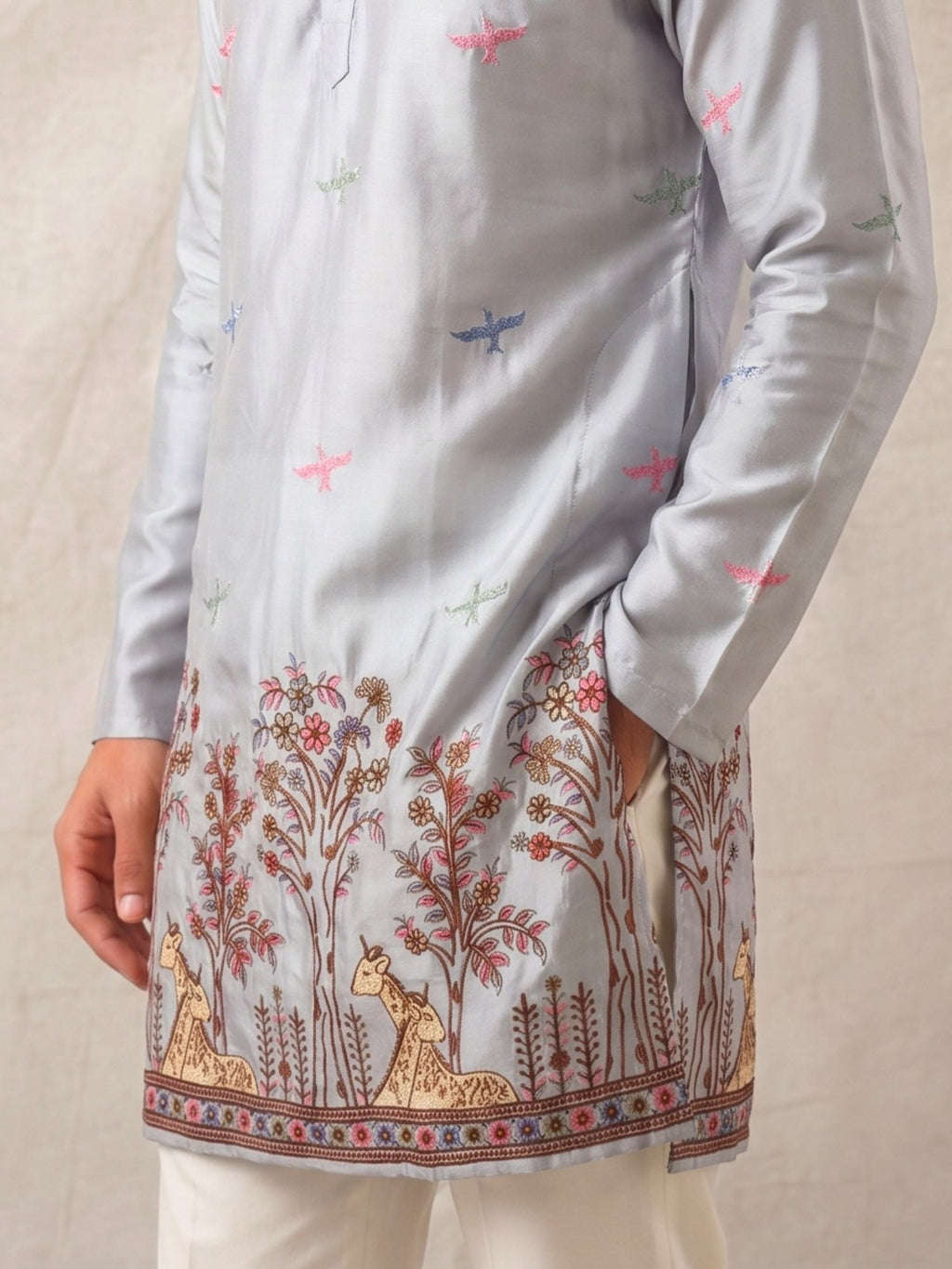 Men’s Heavy Designer Long Kurta – Grey Satin Embroidered - Jaipuri Crown