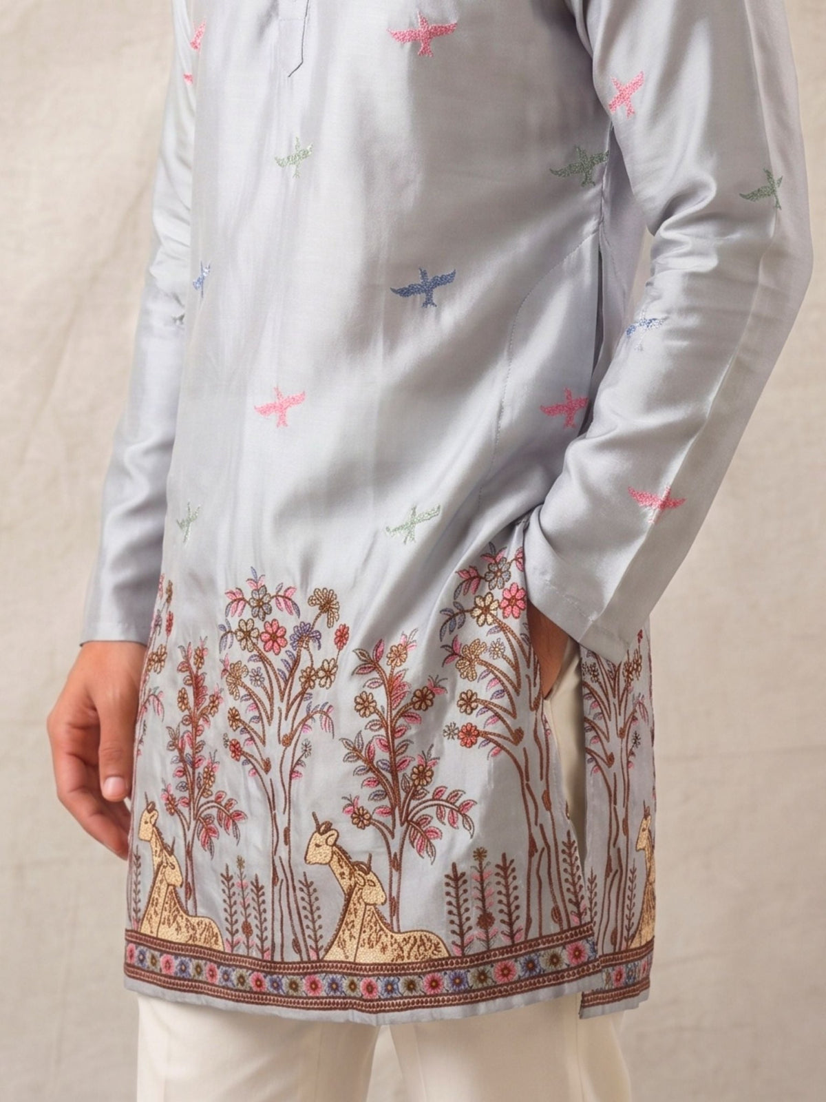 Men’s Heavy Designer Long Kurta – Grey Satin Embroidered - Jaipuri Crown
