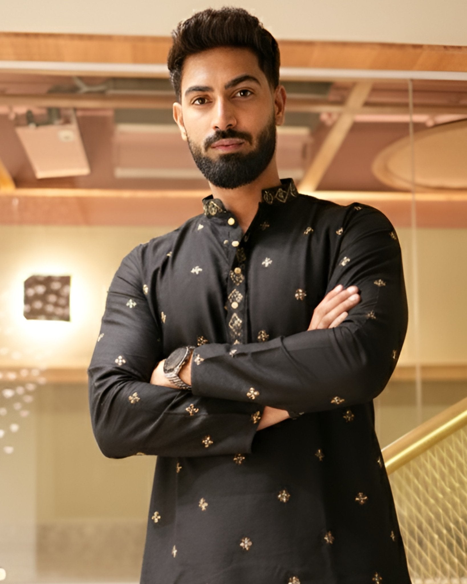 Men’s Heavy Designer Long Kurta Pajama – Black Embroidered - Jaipuri Crown