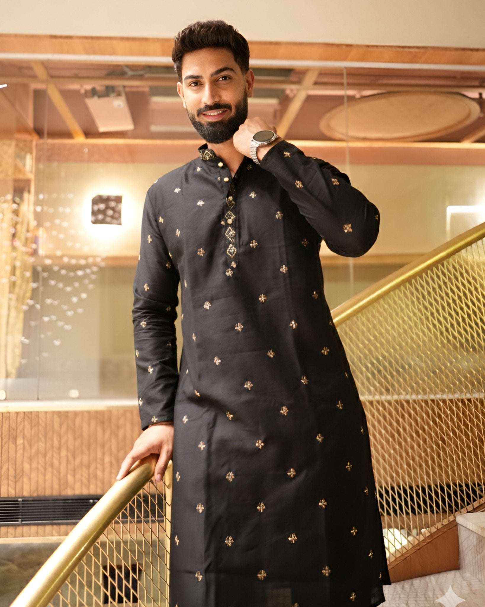 Men’s Heavy Designer Long Kurta Pajama – Black Embroidered - Jaipuri Crown