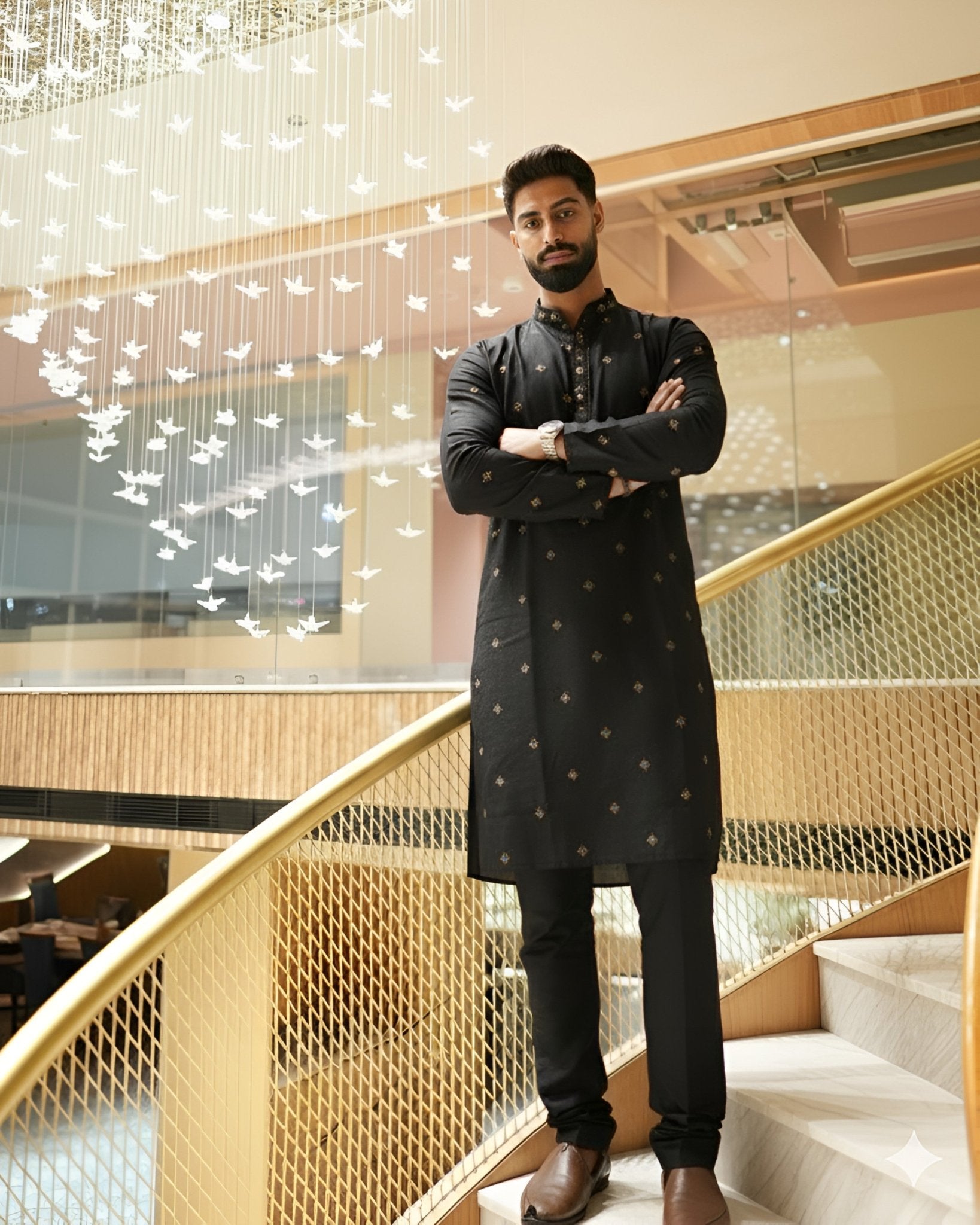 Men’s Heavy Designer Long Kurta Pajama – Black Embroidered - Jaipuri Crown
