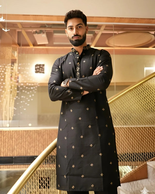 Men’s Heavy Designer Long Kurta Pajama – Black Embroidered - Jaipuri Crown