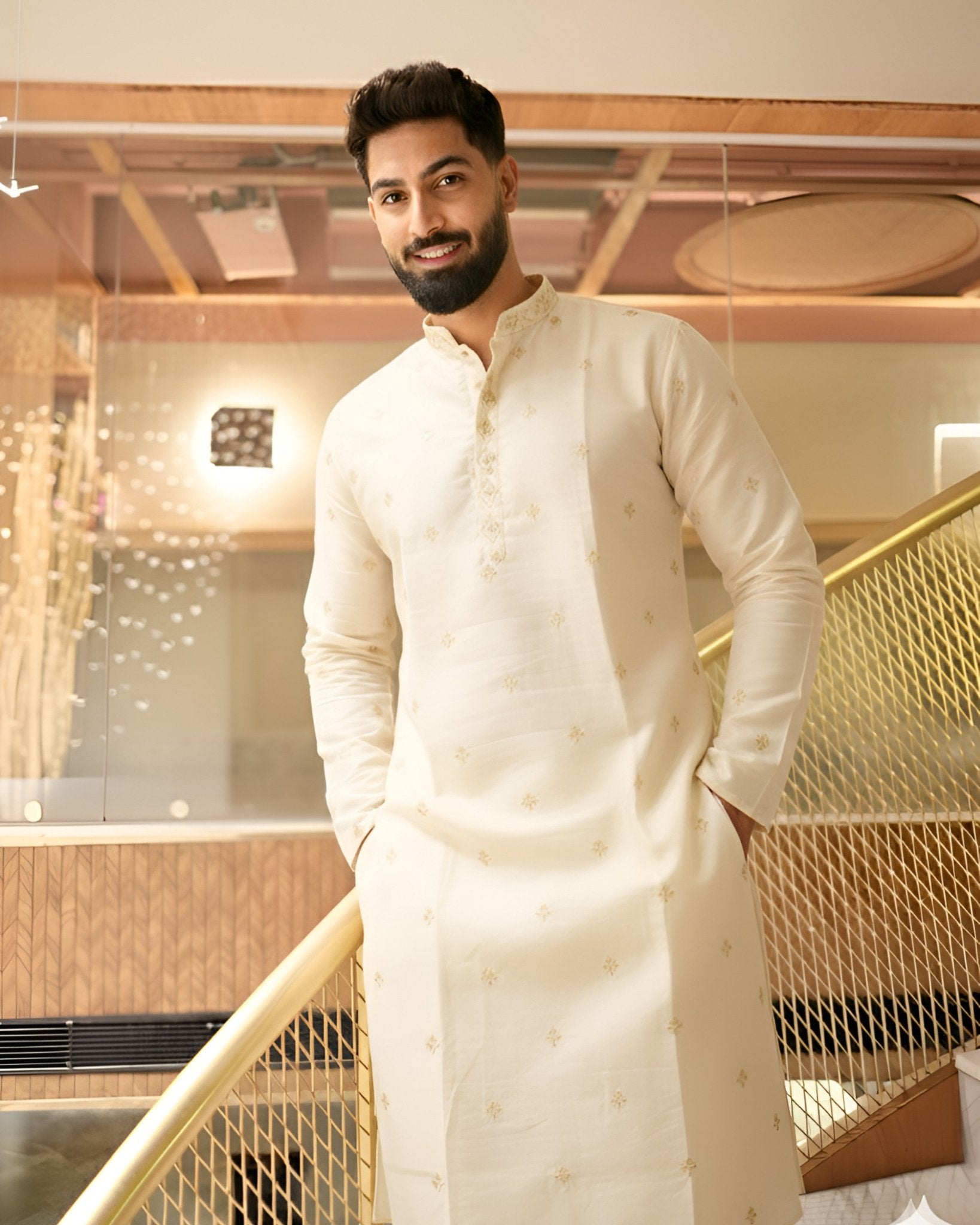 Men’s Heavy Designer Long Kurta Pajama – Cream Embroidered - Jaipuri Crown