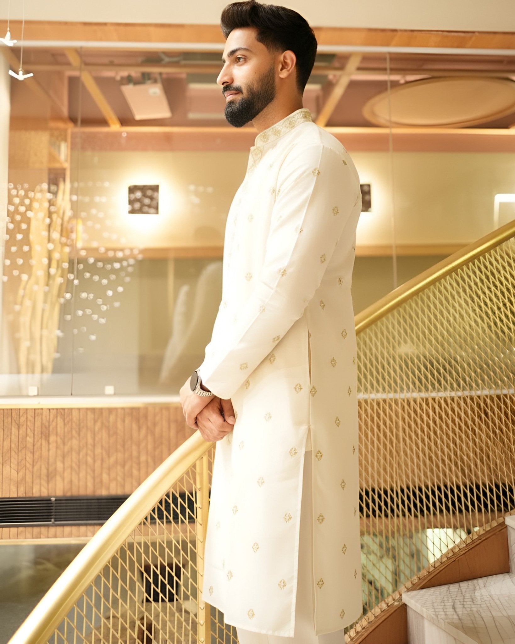 Men’s Heavy Designer Long Kurta Pajama – Cream Embroidered - Jaipuri Crown